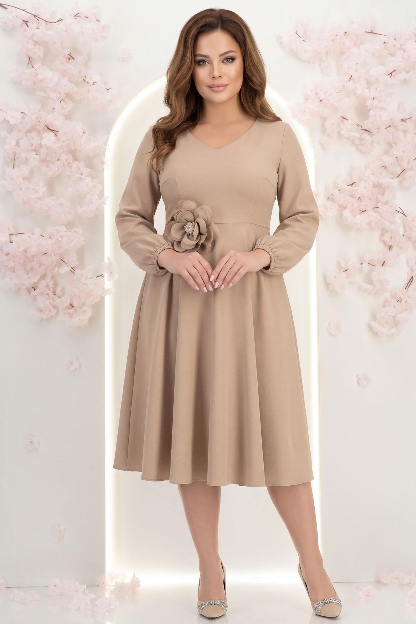 Rochie din stofa elastica bej midi in clos cu brosa in forma de floare cu buzunare 2 - StarShinerS.ro