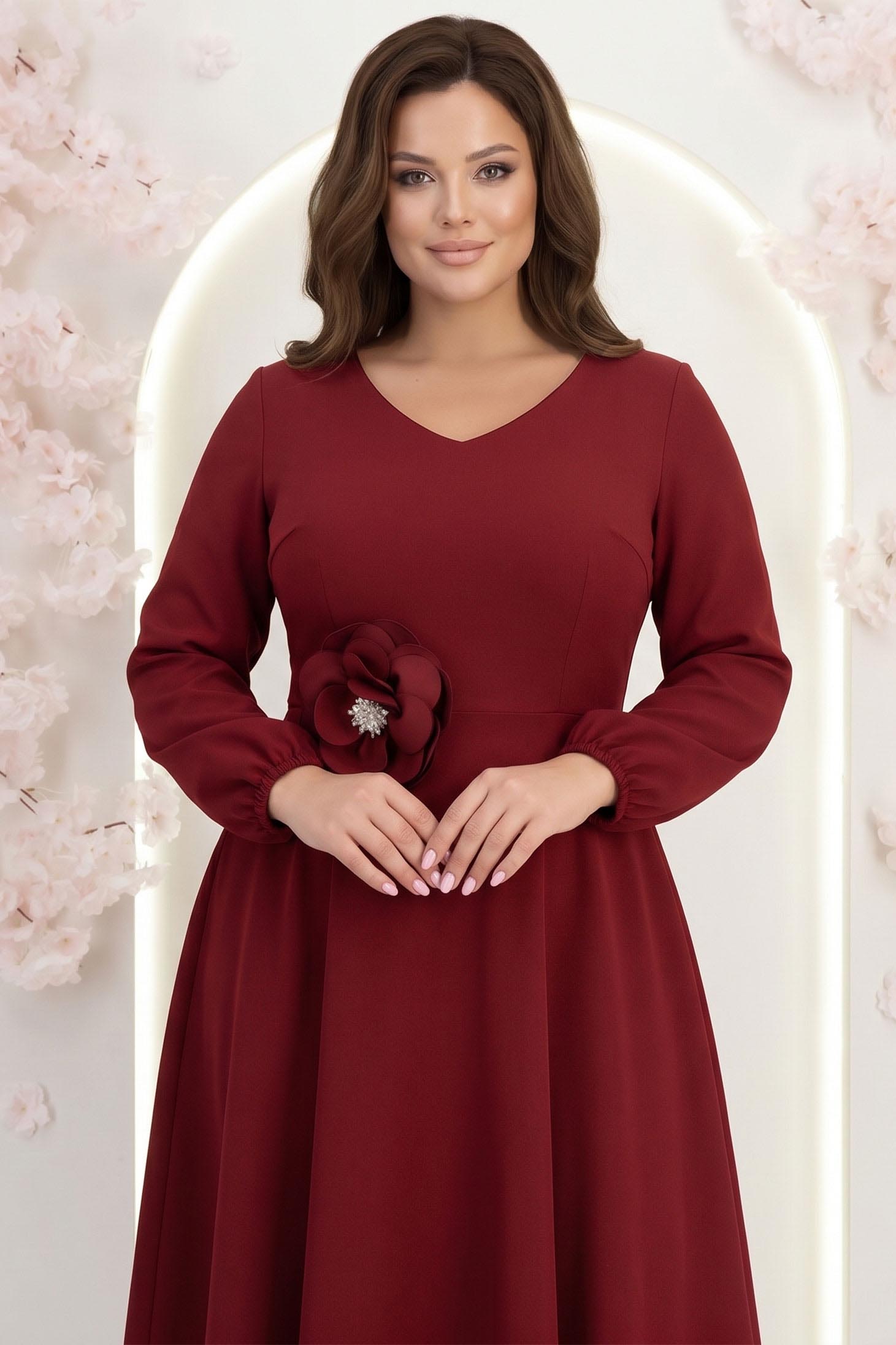 Rochie din stofa elastica visinie midi in clos cu brosa in forma de floare cu buzunare 2 - StarShinerS.ro