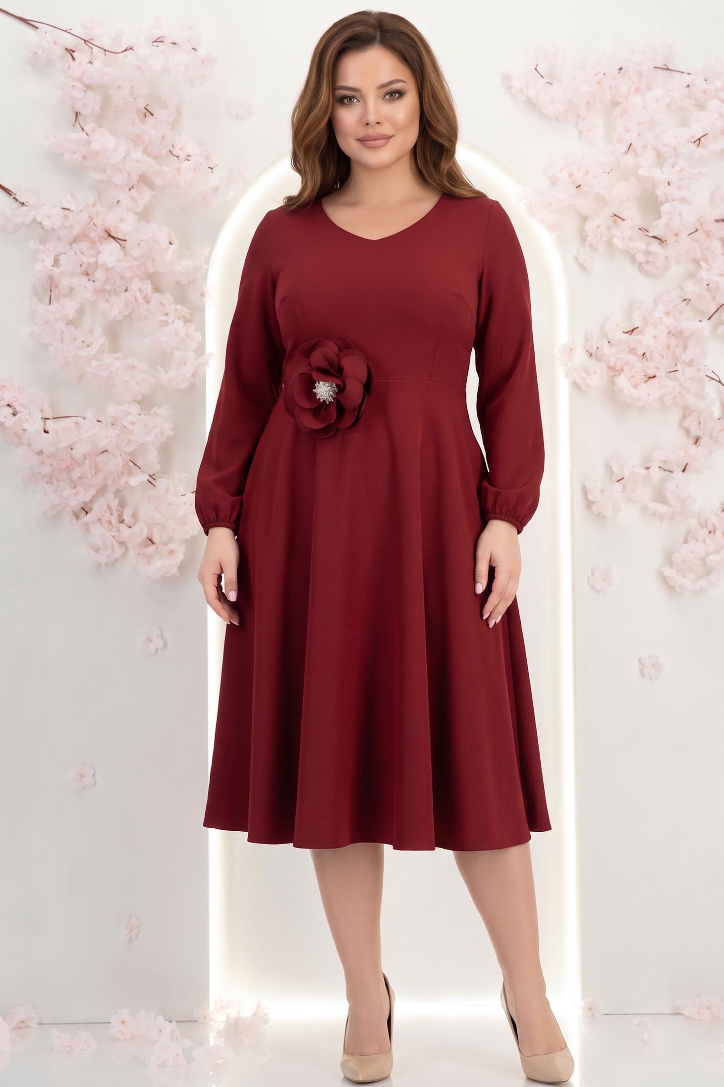 Rochie din stofa elastica visinie midi in clos cu brosa in forma de floare cu buzunare 1 - StarShinerS.ro
