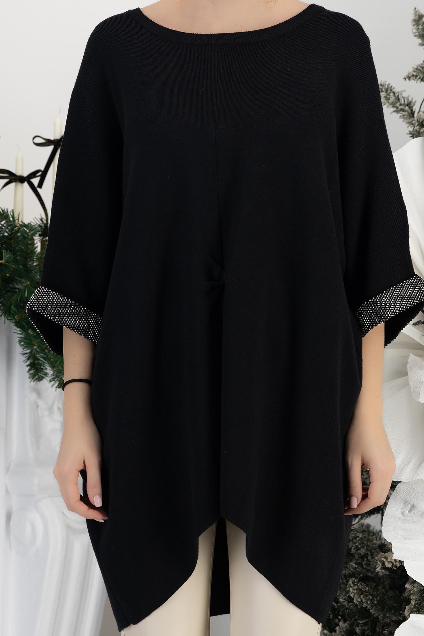 Bluza din tricot fin neagra cu maneci trei-sferturi si croi larg cu aplicatii stralucitoare 5 - StarShinerS.ro