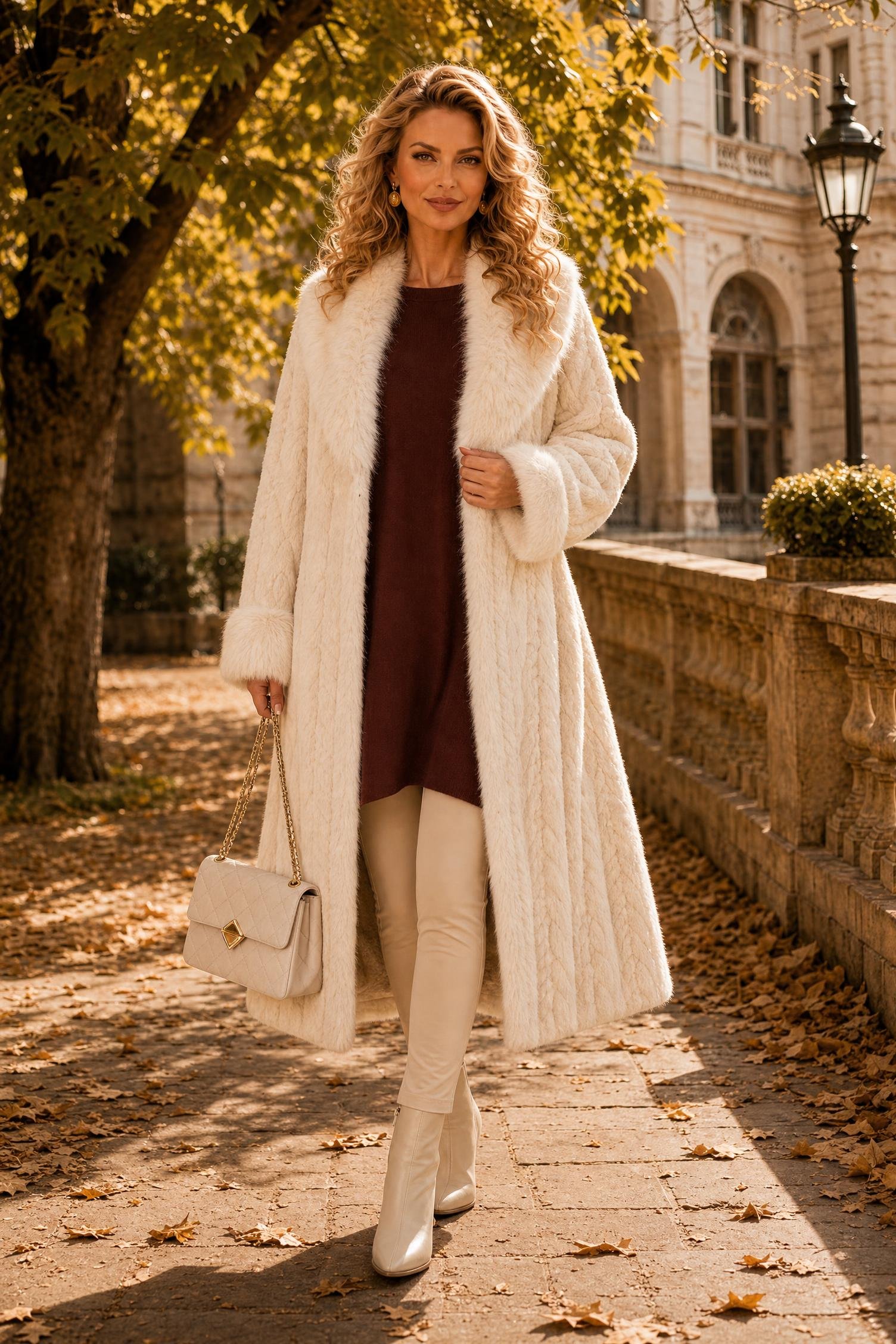 Bluza din tricot fin maro cu maneci trei-sferturi si croi larg cu insertii de blana ecologica 2 - StarShinerS.ro
