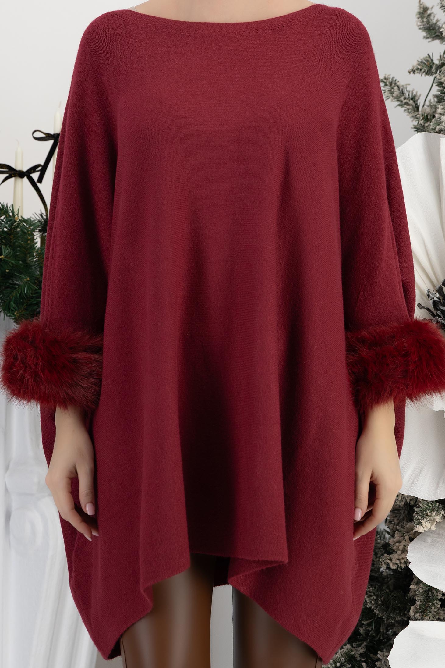 Bluza din tricot fin visinie cu maneci trei-sferturi si croi larg cu insertii de blana ecologica 5 - StarShinerS.ro