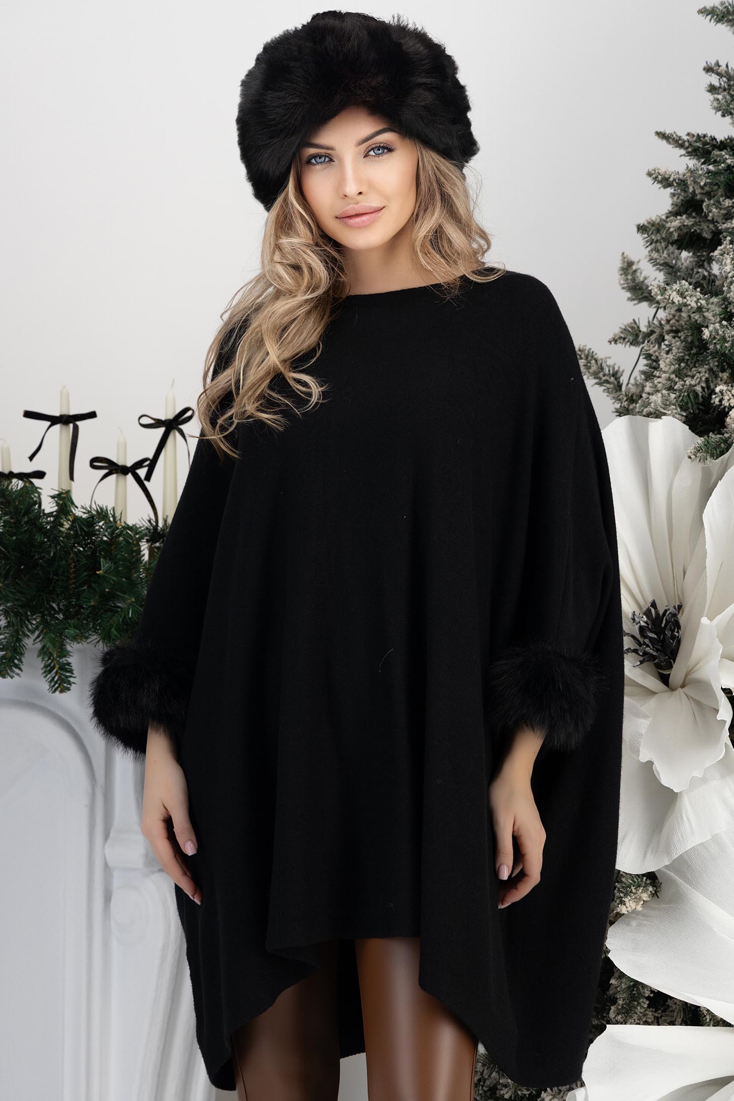 StarShinerS.ro Bluza din tricot fin neagra cu maneci trei-sferturi si croi larg cu insertii de blana ecologica