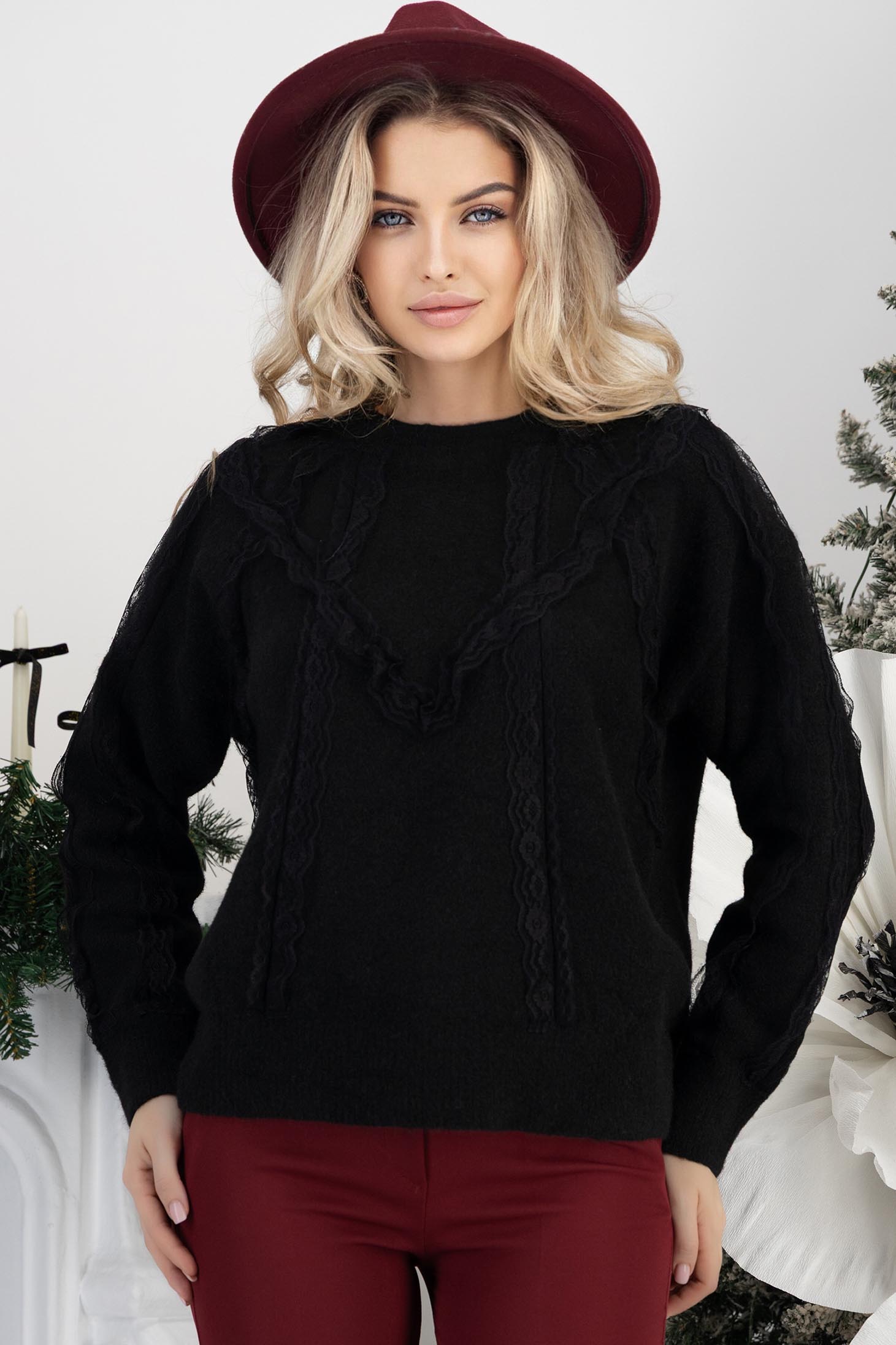 StarShinerS.ro Pulover din tricot negru cu croi larg si aplicatii de dantela