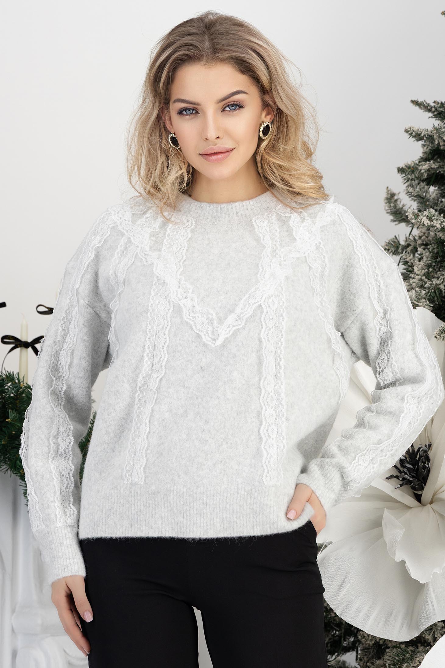 StarShinerS.ro Pulover din tricot gri cu croi larg si aplicatii de dantela