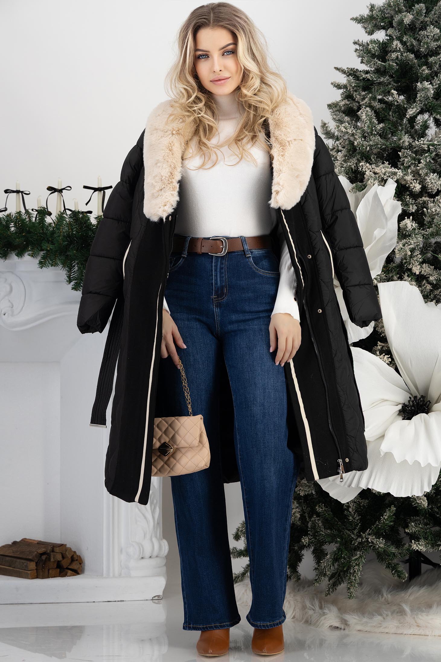 Maleta din tricot fin alb mulata cu guler inalt si nasturi decorativi 3 - StarShinerS.ro