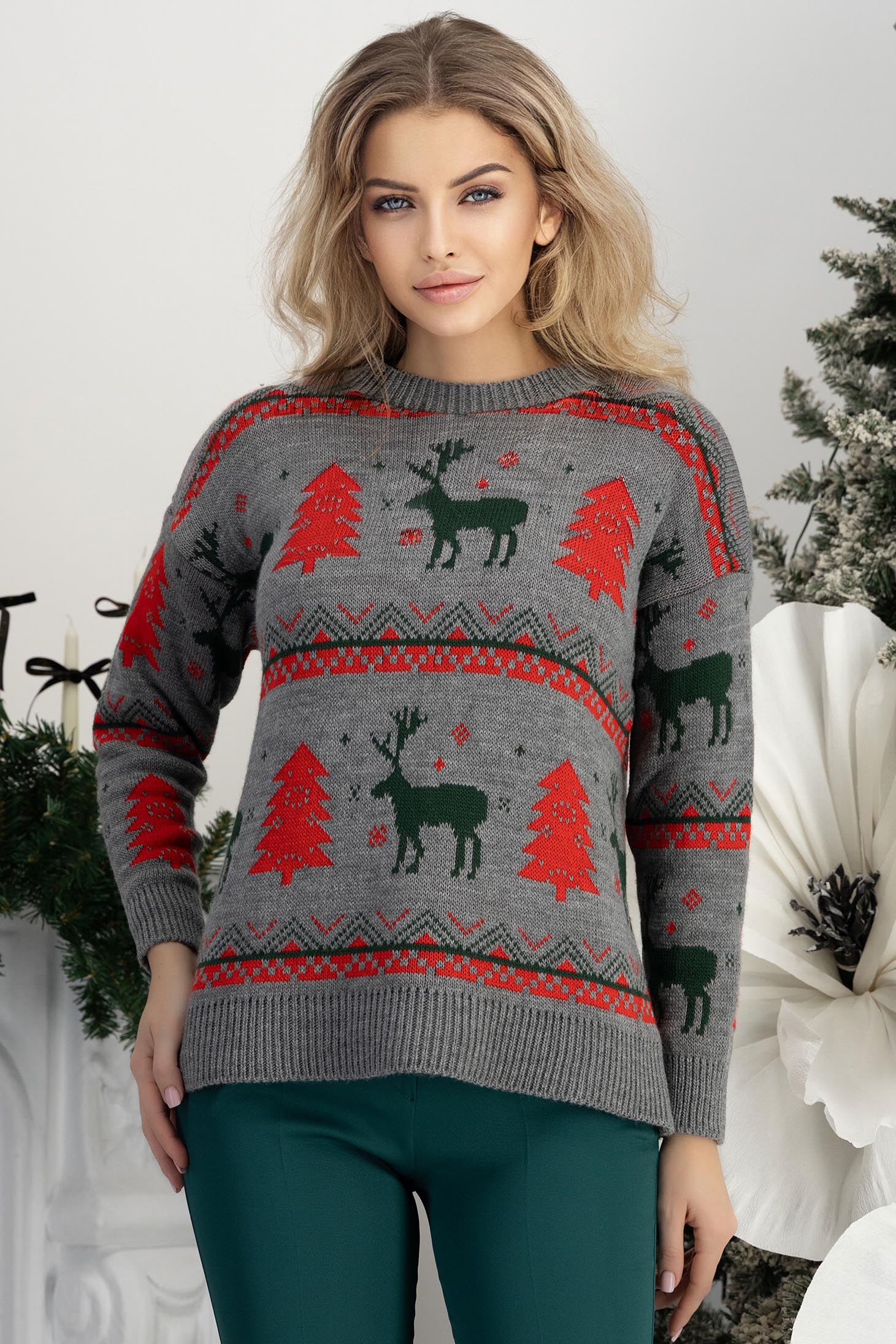 StarShinerS.ro Pulover din tricot gri cu croi larg si imprimeu de Craciun