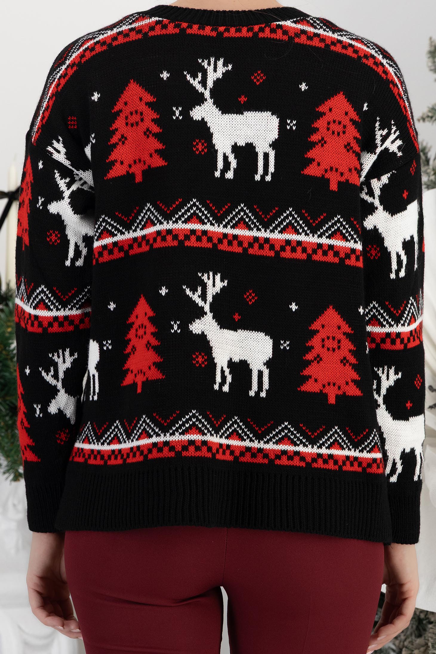 Pulover din tricot negru cu croi larg si imprimeu de Craciun 7 - StarShinerS.ro