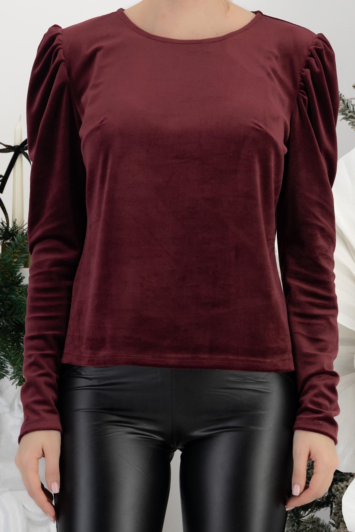 Bluza dama din catifea visinie cu un croi drept si umeri bufanti - StarShinerS 5 - StarShinerS.ro