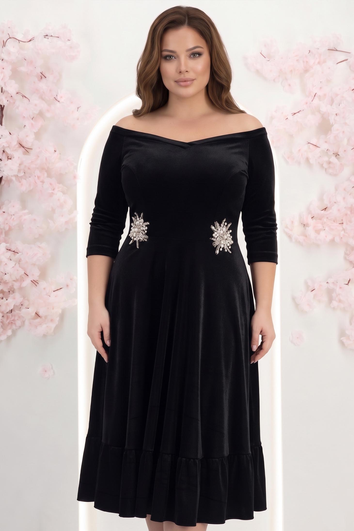 Rochie din catifea neagra midi in clos cu aplicatii stralucitoare laterale- StarShinerS 1 - StarShinerS.ro