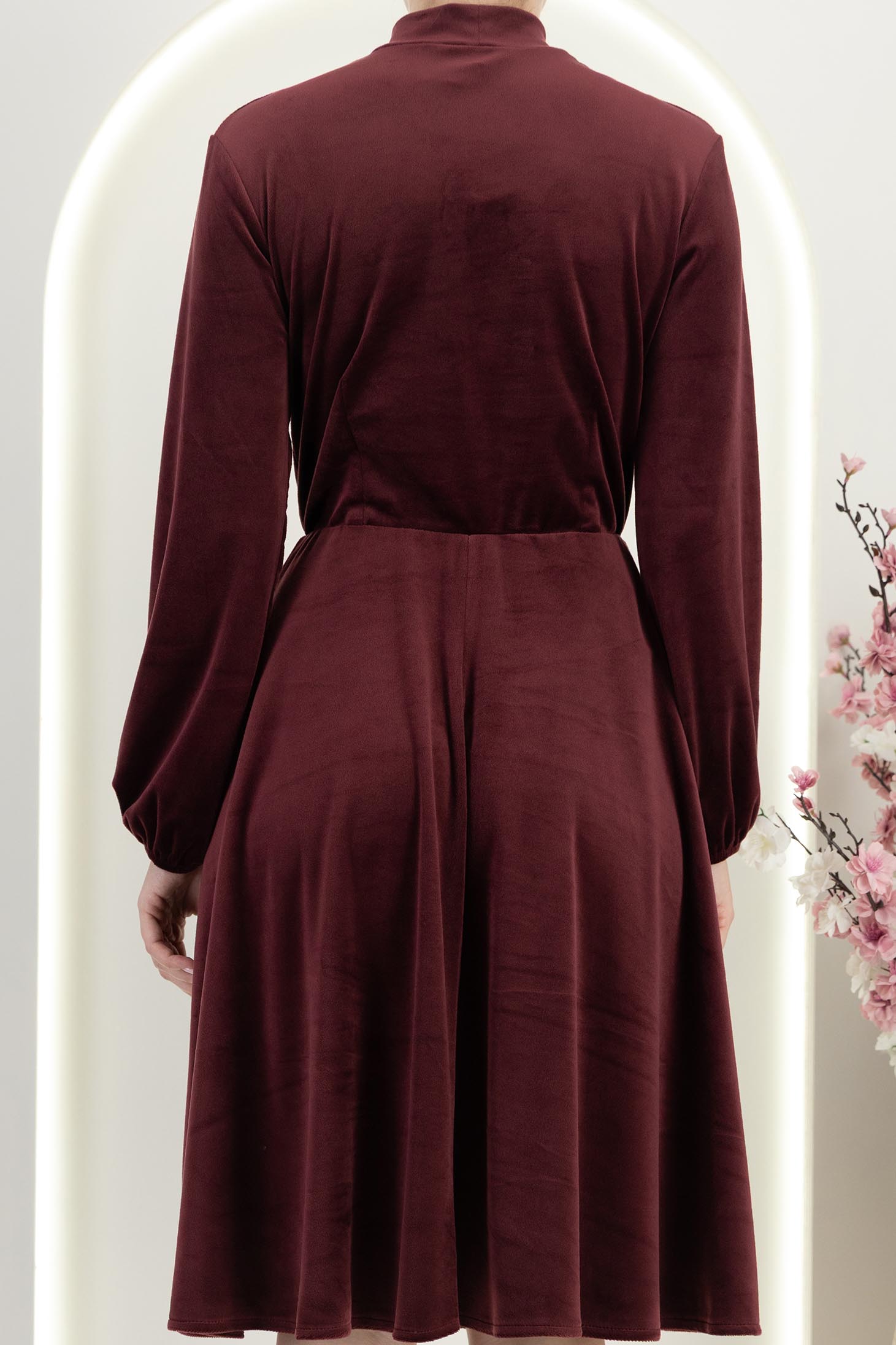 Burgundy bársony, térdig érő A-vonalú ruha rugalmas derékrésszel - StarShinerS 6 - StarShinerS.hu