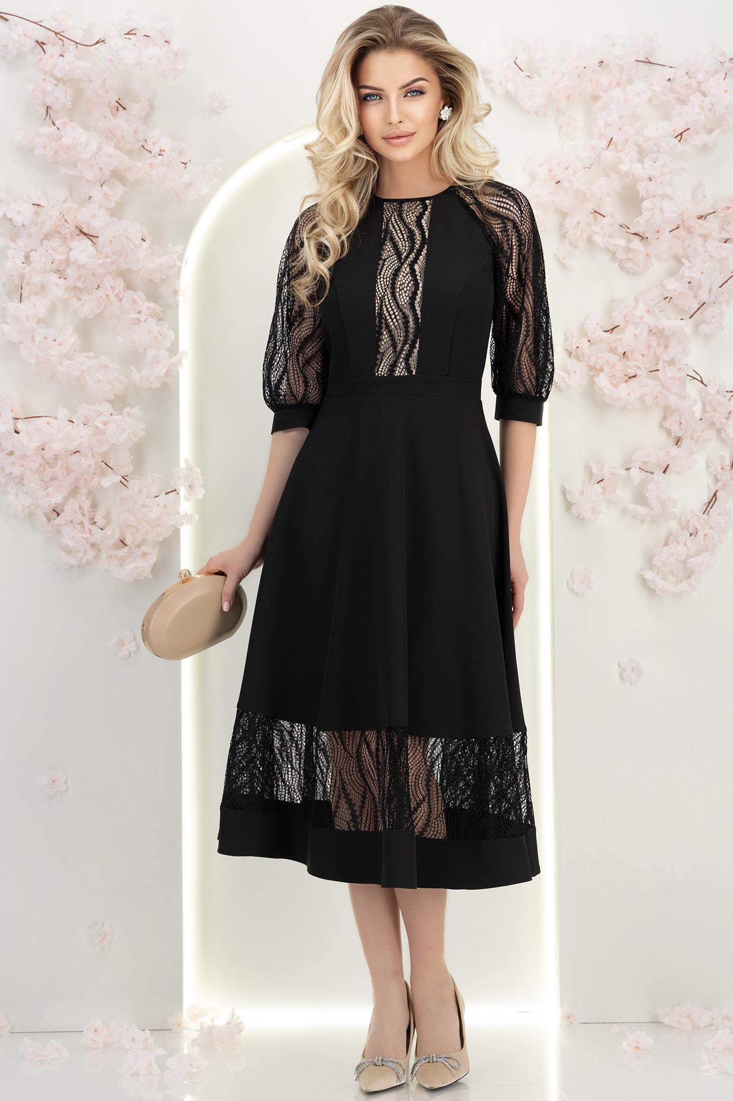 Rochie din stofa neagra midi in clos cu aplicatii de dantela - StarShinerS 4 - StarShinerS.ro