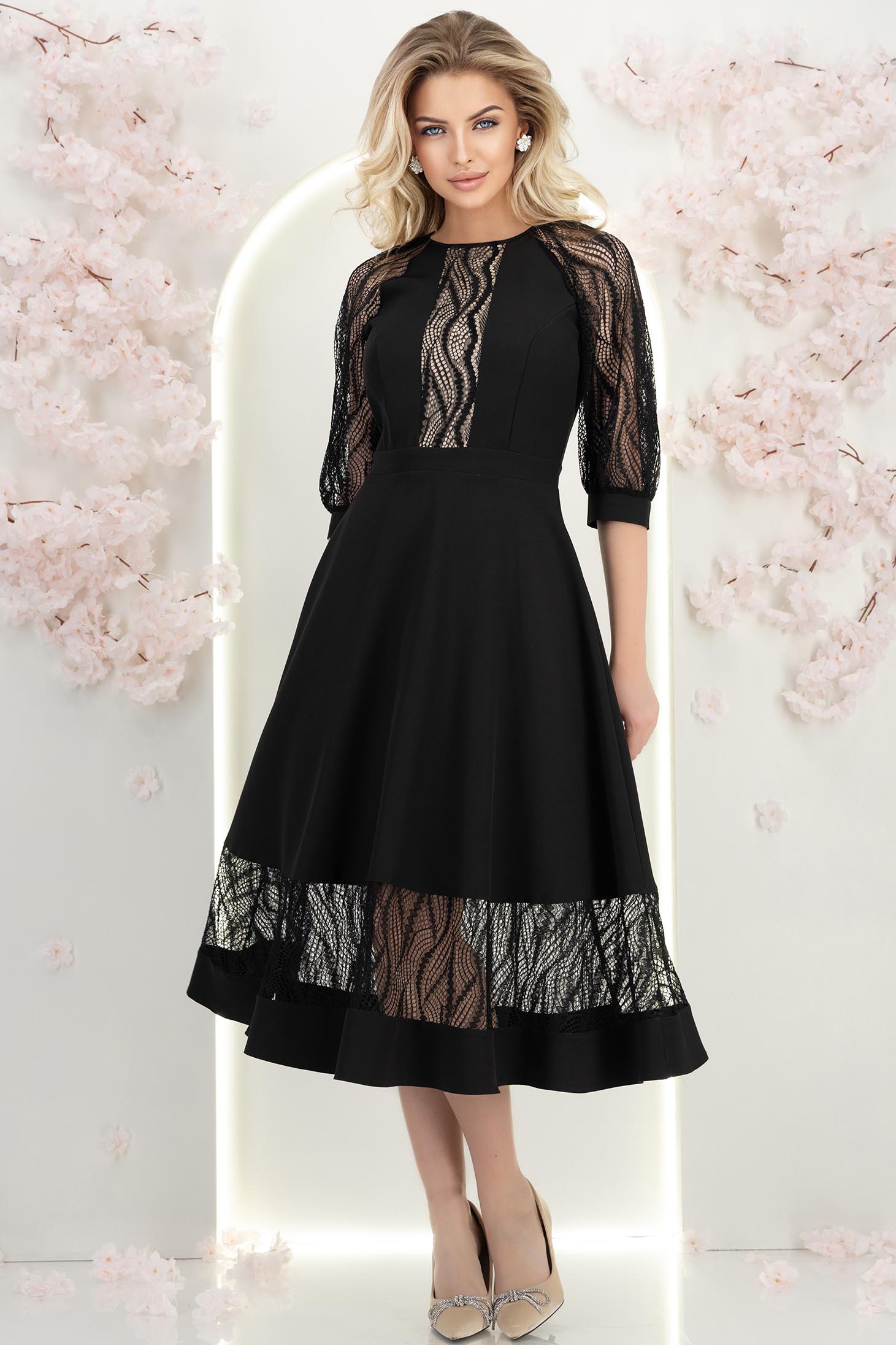 Rochie din stofa neagra midi in clos cu aplicatii de dantela - StarShinerS 2 - StarShinerS.ro