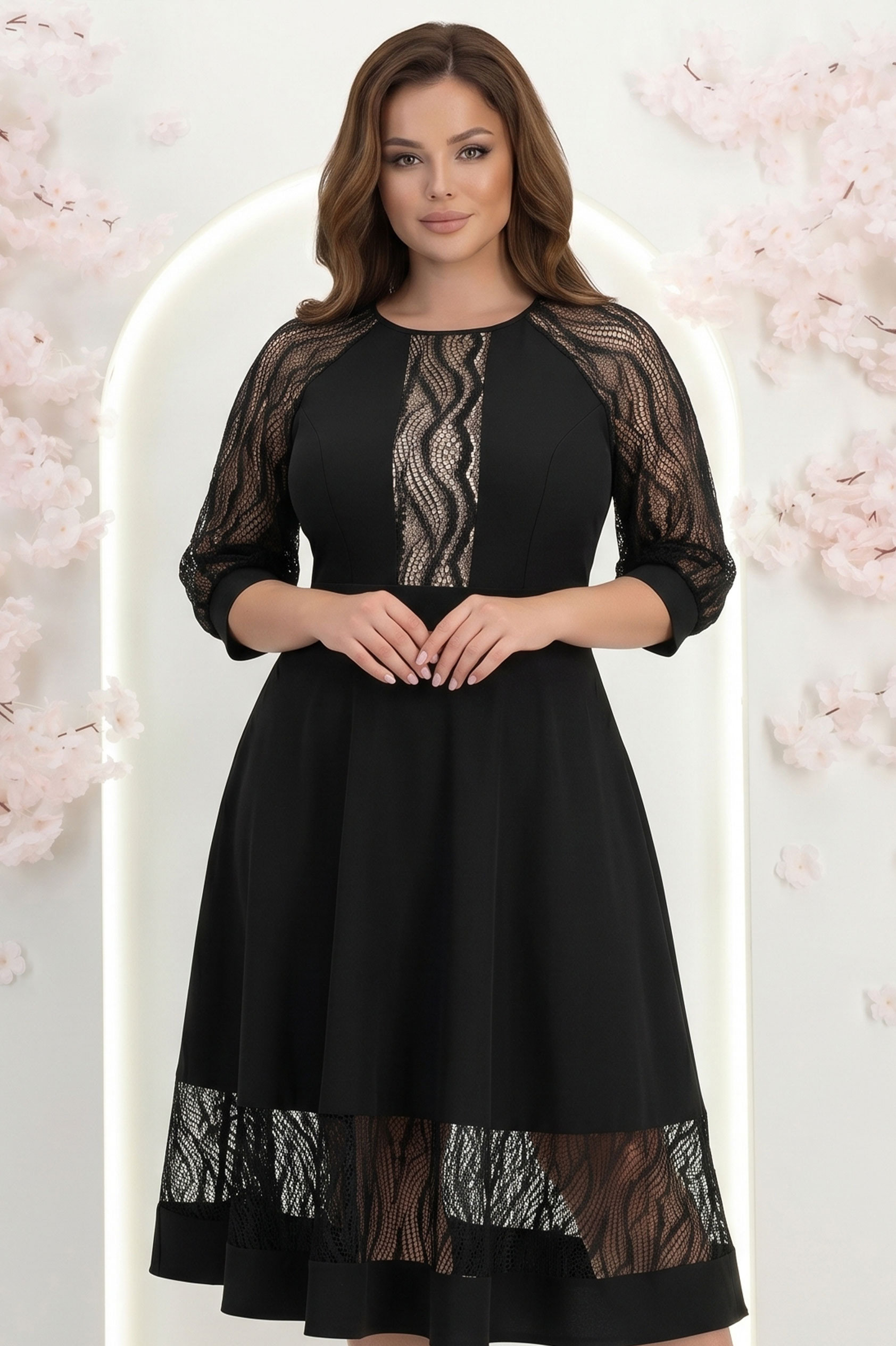 Rochie din stofa neagra midi in clos cu aplicatii de dantela - StarShinerS 1 - StarShinerS.ro