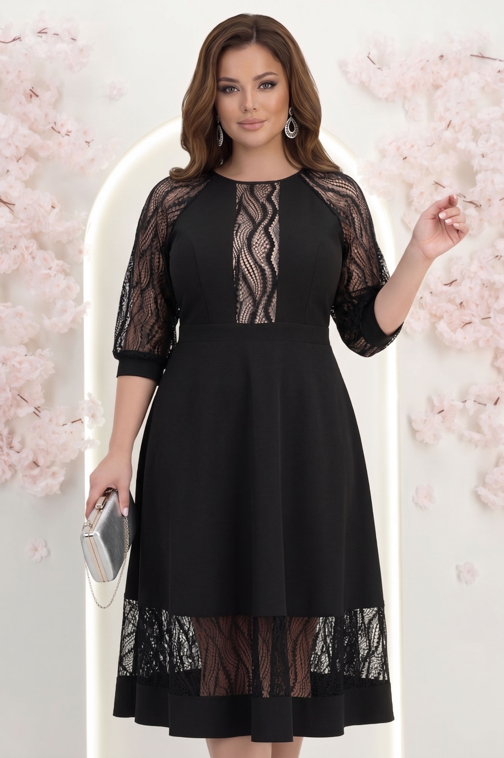 Rochie din stofa neagra midi in clos cu aplicatii de dantela - StarShinerS 2 - StarShinerS.ro