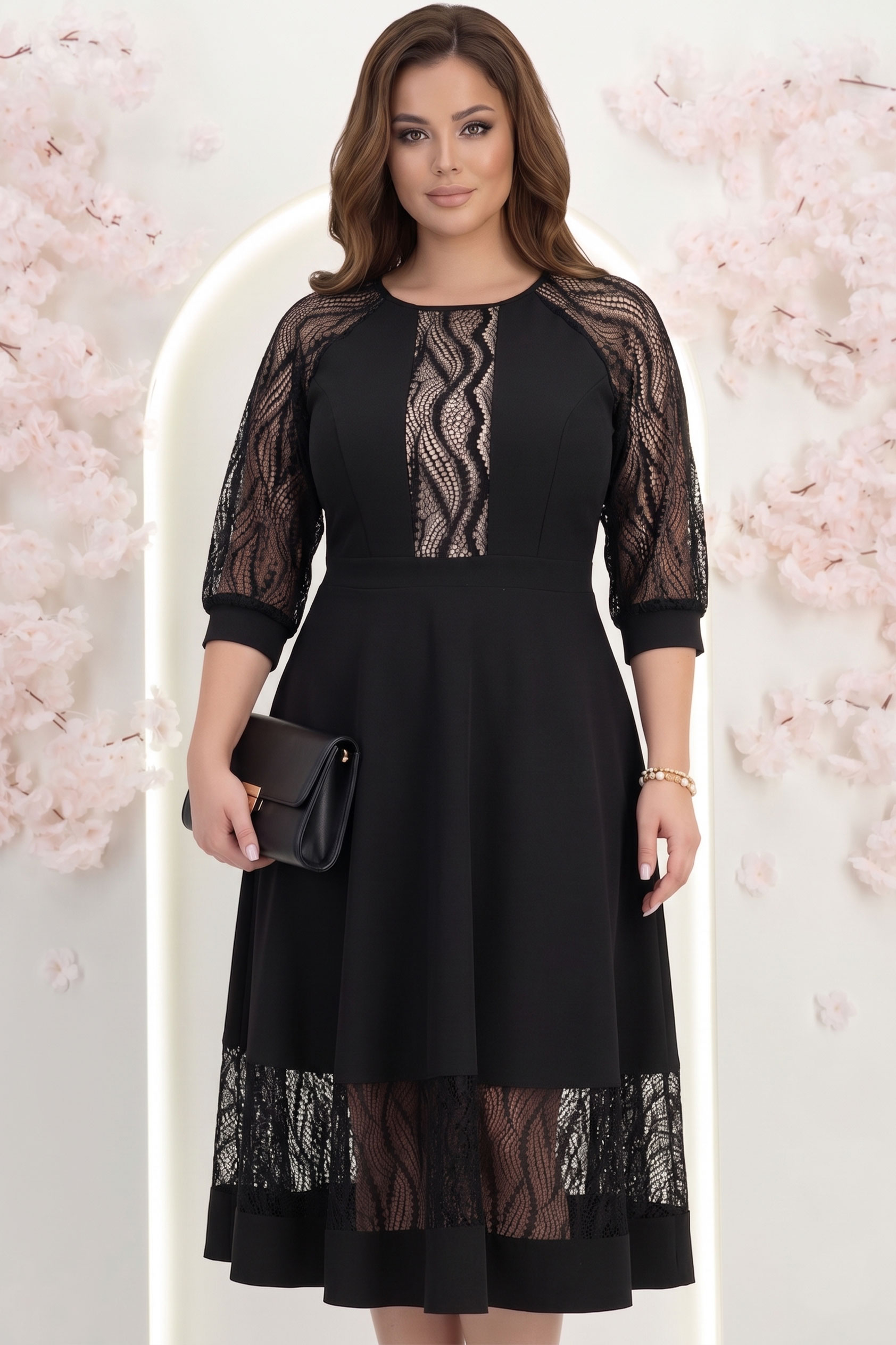 Rochie din stofa neagra midi in clos cu aplicatii de dantela - StarShinerS 3 - StarShinerS.ro