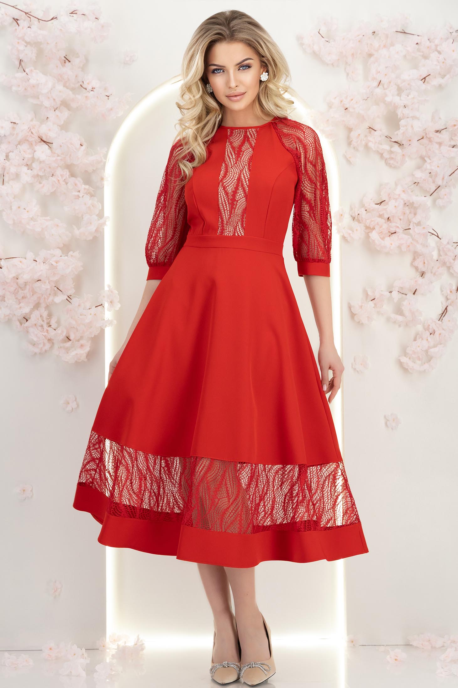 Rochie din stofa rosie midi in clos cu aplicatii de dantela - StarShinerS 5 - StarShinerS.ro