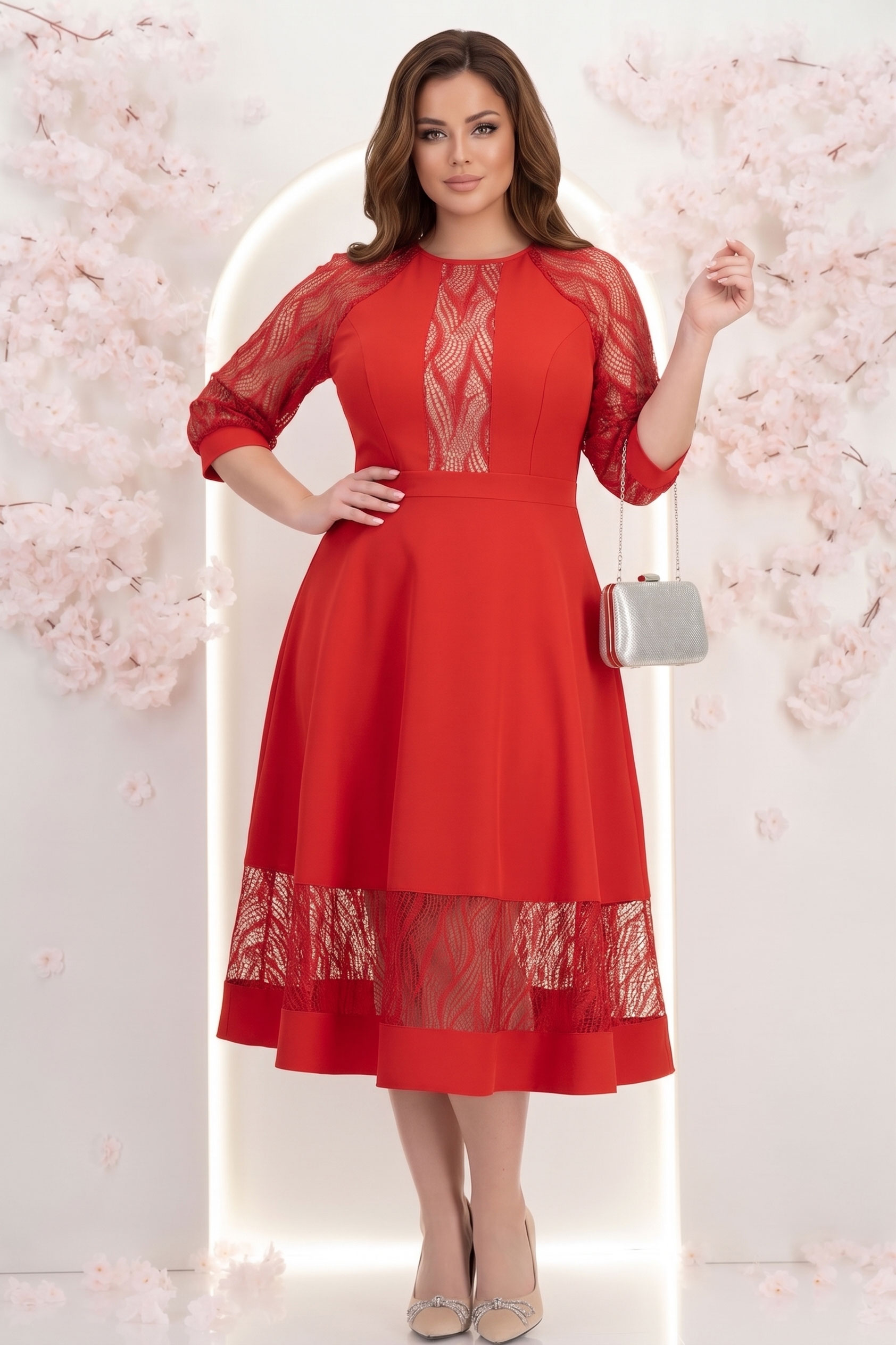 Rochie din stofa rosie midi in clos cu aplicatii de dantela - StarShinerS 1 - StarShinerS.ro