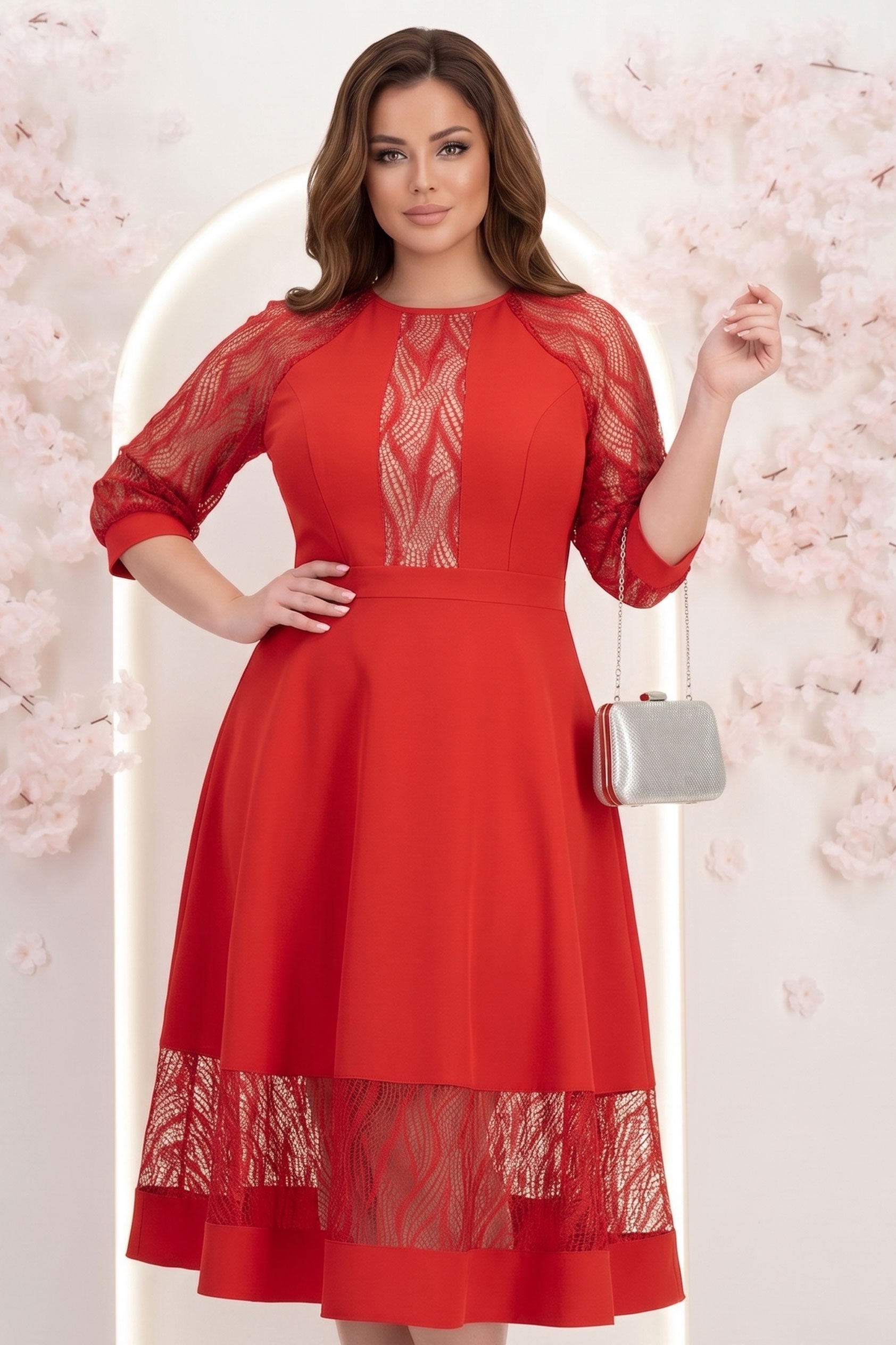 Rochie din stofa rosie midi in clos cu aplicatii de dantela - StarShinerS 2 - StarShinerS.ro