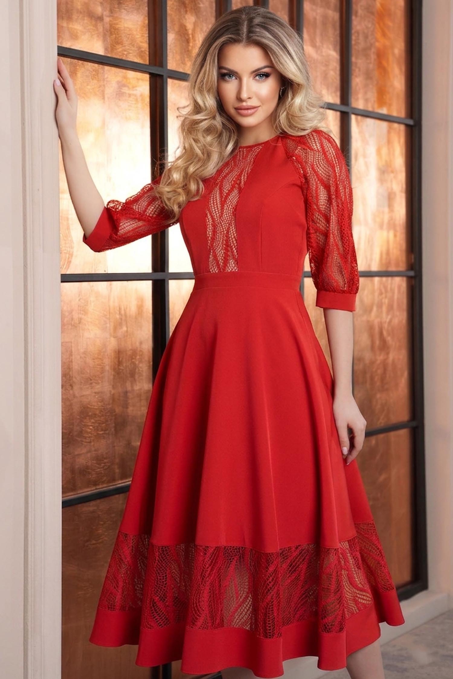 StarShinerS.ro Rochie din stofa rosie midi in clos cu aplicatii de dantela - StarShinerS