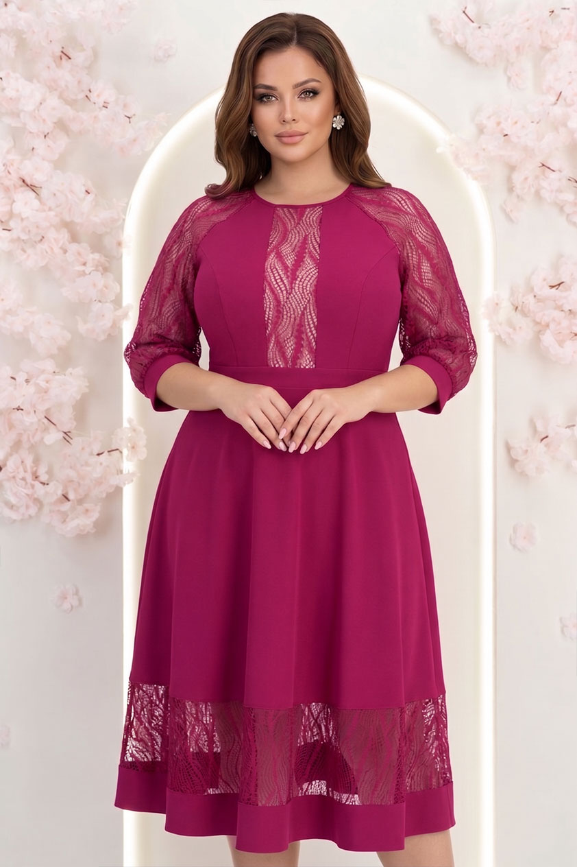 Rochie din stofa zmeura midi in clos cu aplicatii de dantela - StarShinerS 1 - StarShinerS.ro
