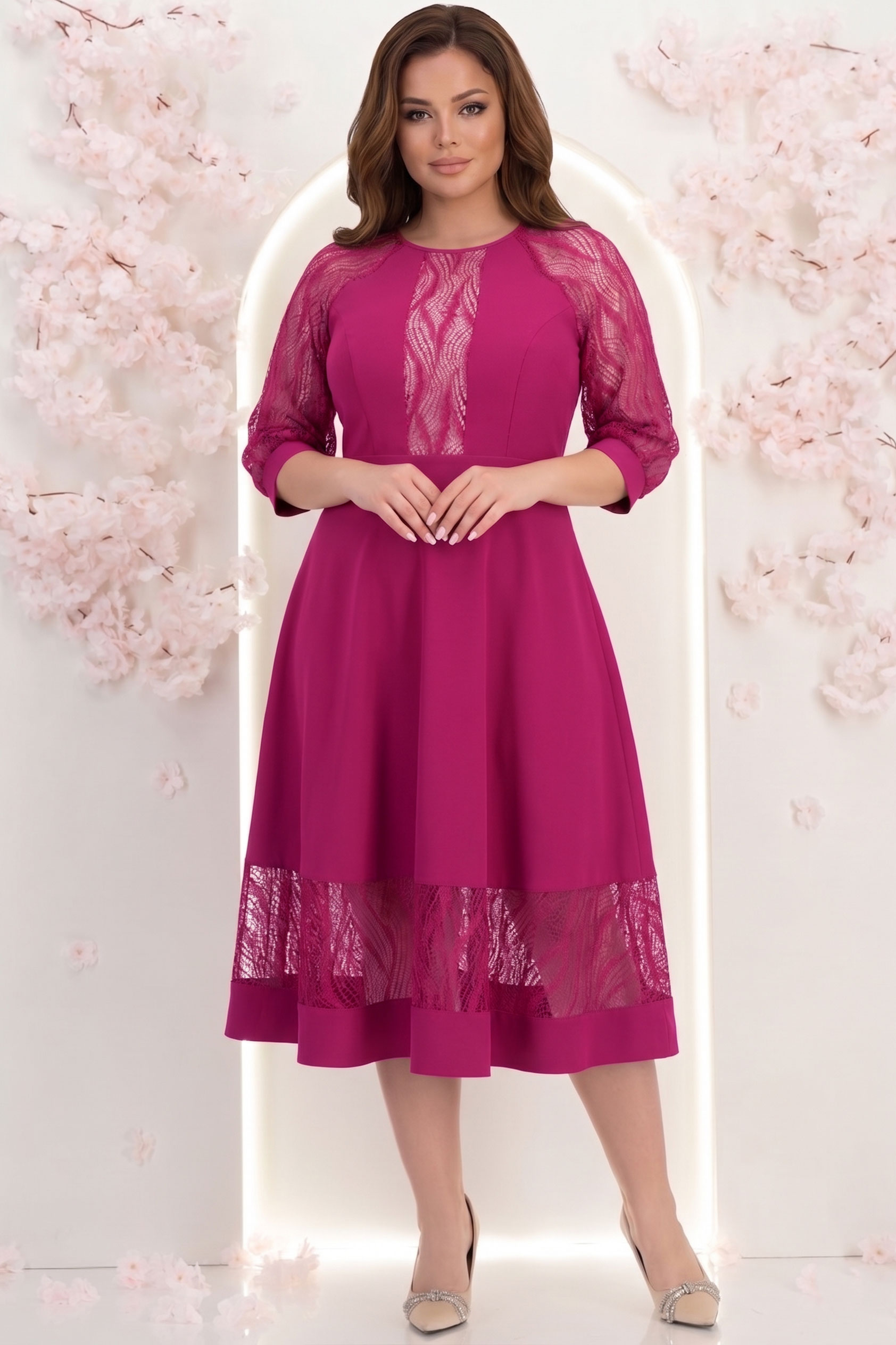 Rochie din stofa zmeura midi in clos cu aplicatii de dantela - StarShinerS 2 - StarShinerS.ro
