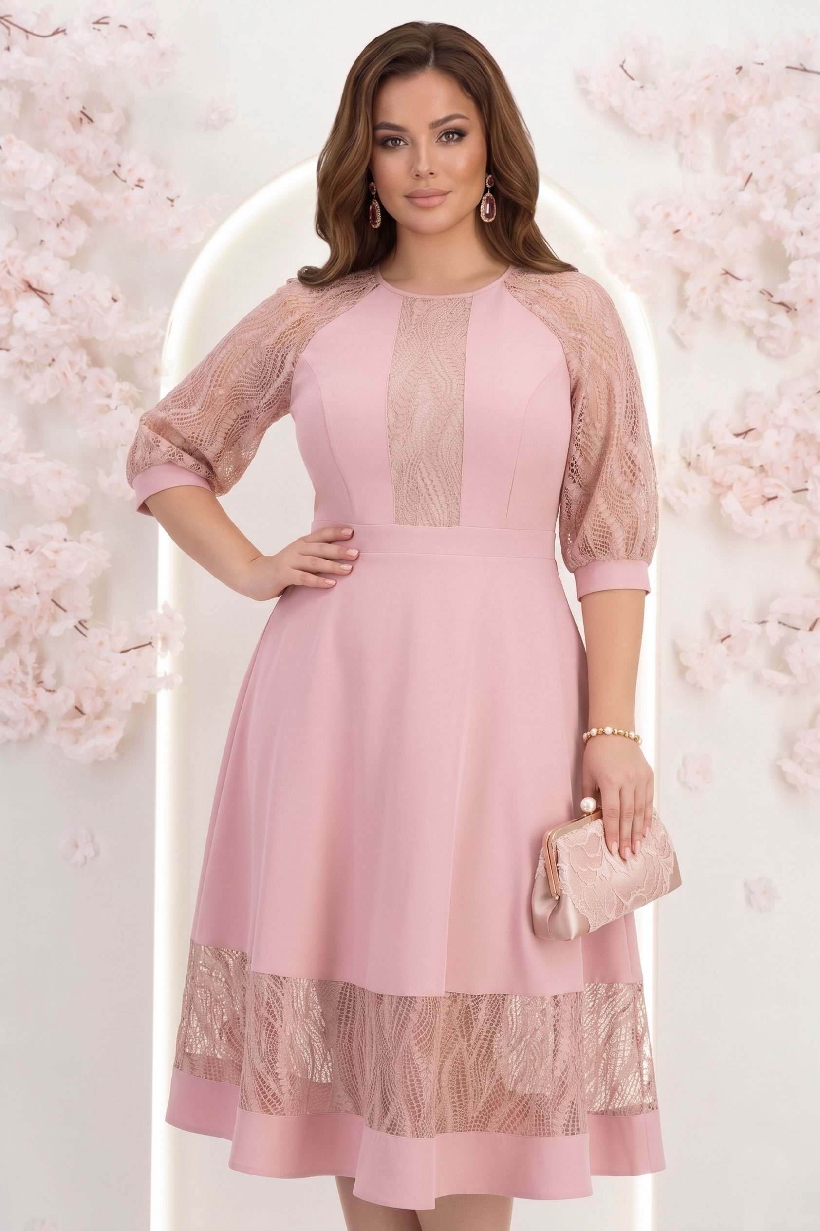 Rochie din stofa roz pudra midi in clos cu aplicatii de dantela - StarShinerS 1 - StarShinerS.ro