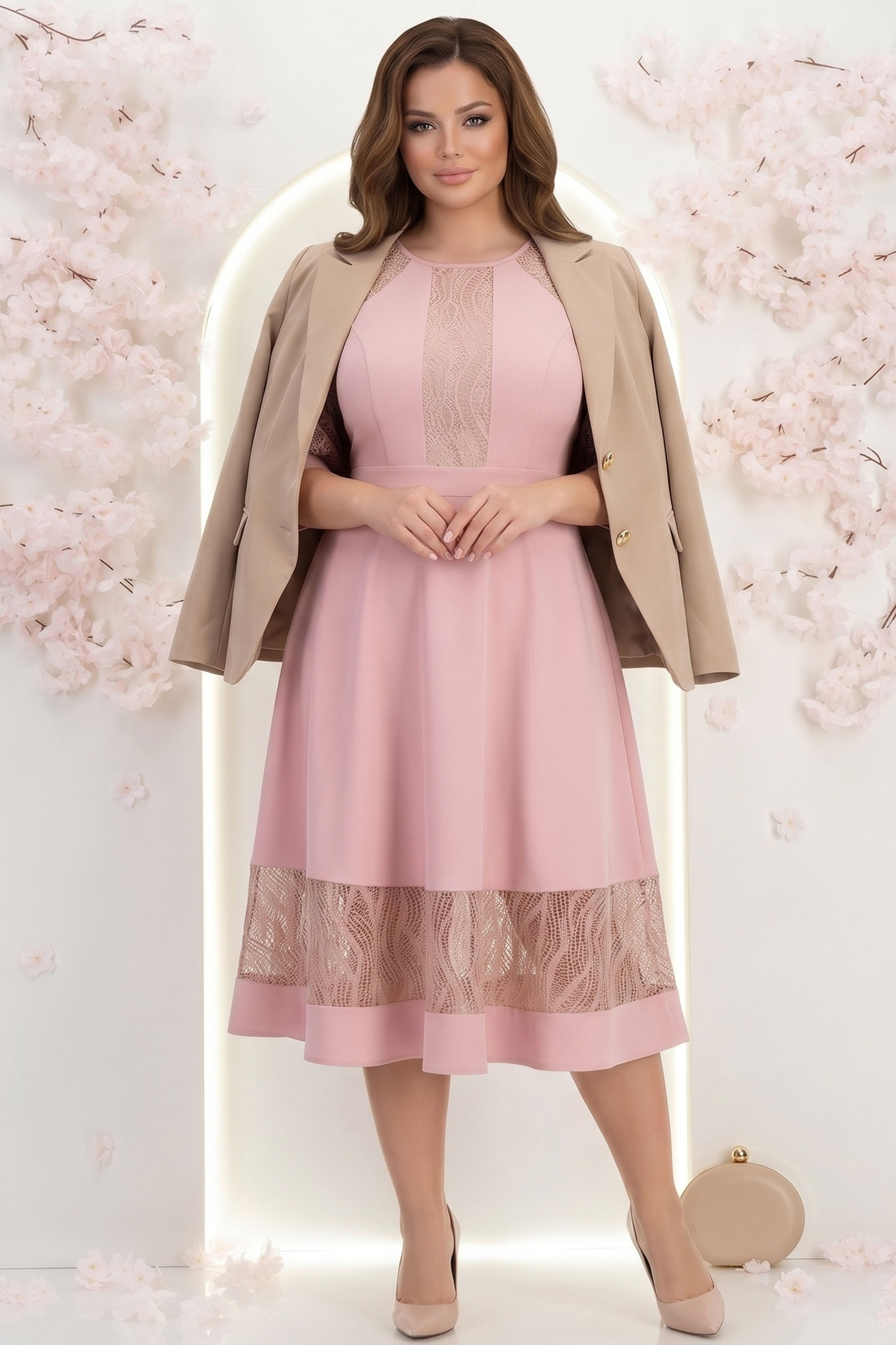 Rochie din stofa roz pudra midi in clos cu aplicatii de dantela - StarShinerS 2 - StarShinerS.ro