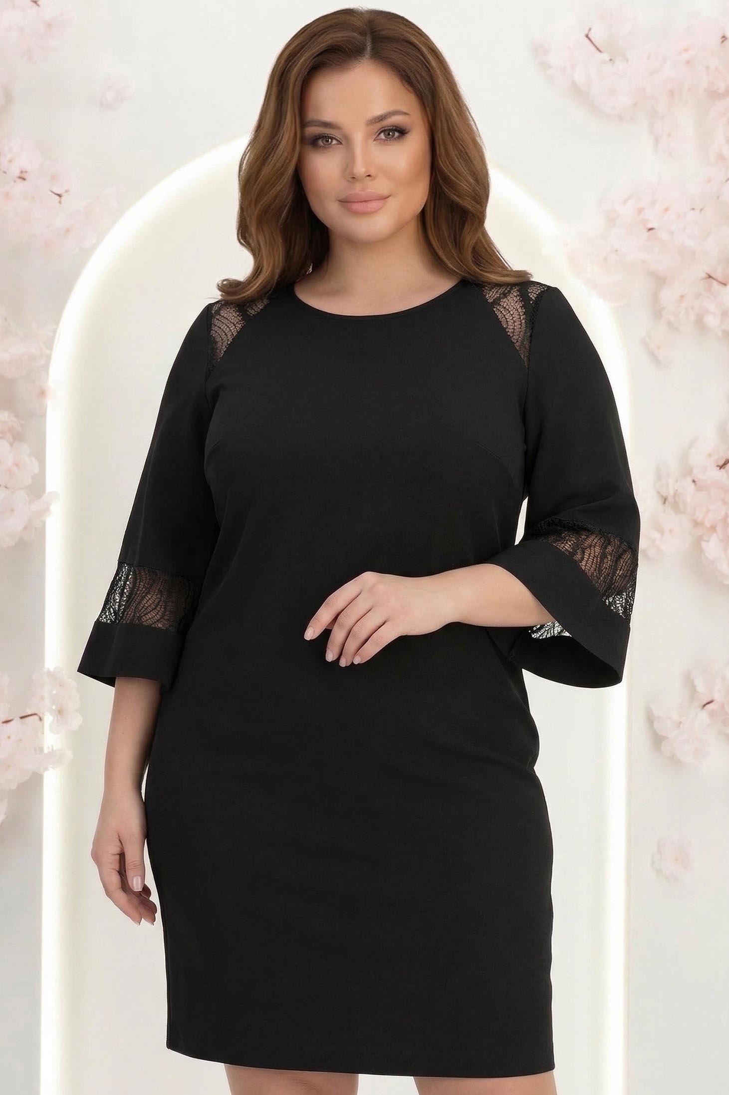 Rochie din stofa neagra scurta cu un croi larg si aplicatii de dantela - StarShinerS 1 - StarShinerS.ro