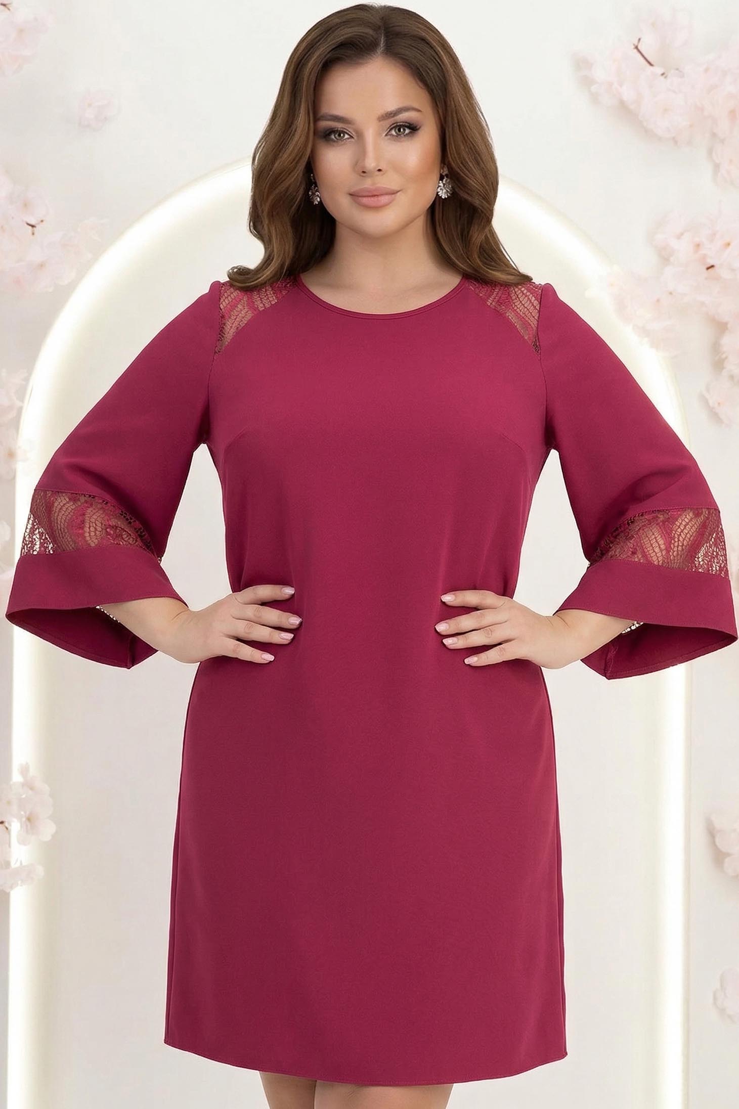 Rochie din stofa zmeura scurta cu un croi larg si aplicatii de dantela - StarShinerS 1 - StarShinerS.ro