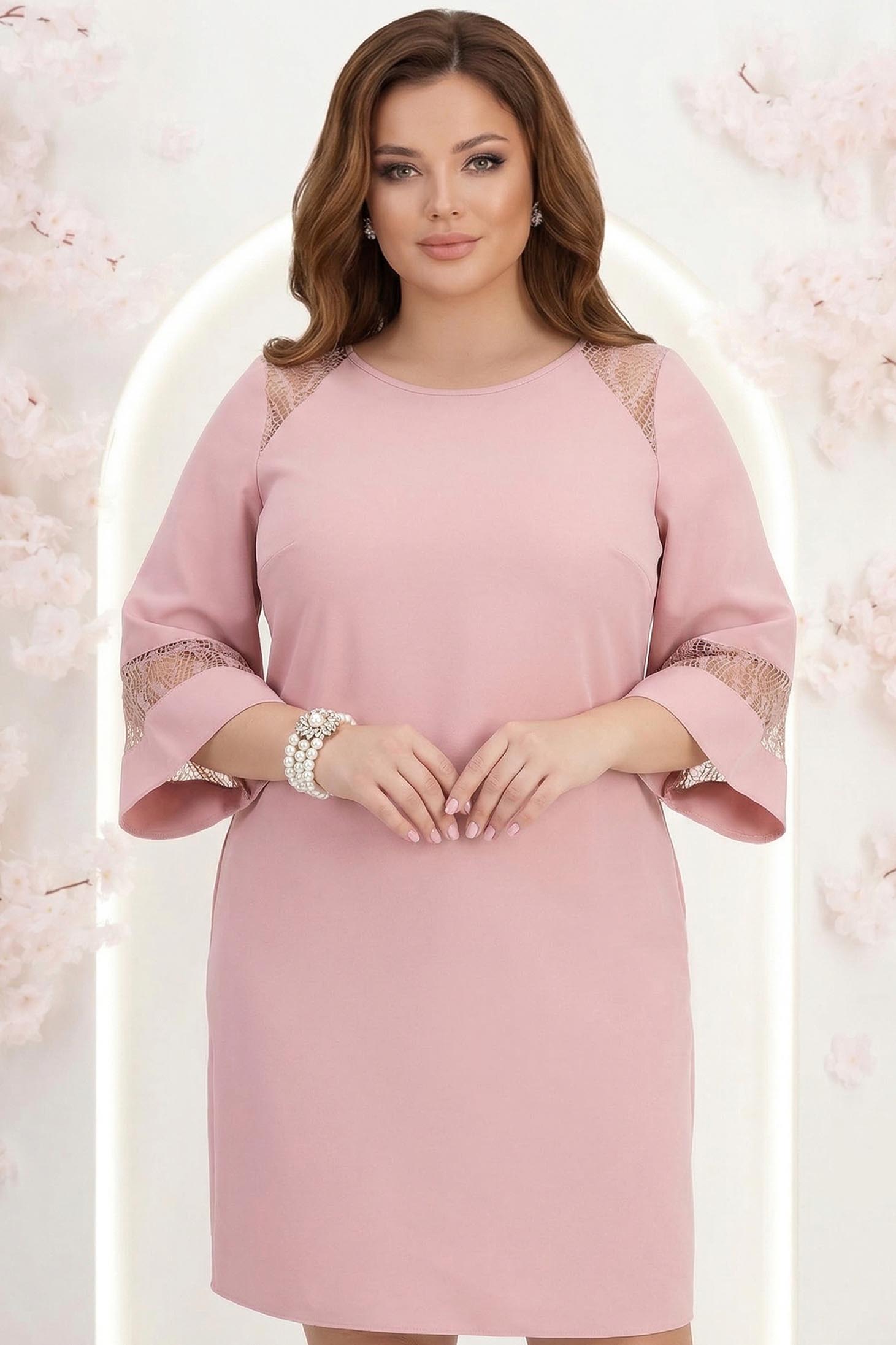 Rochie din stofa roz pudra scurta cu un croi larg si aplicatii de dantela - StarShinerS 1 - StarShinerS.ro