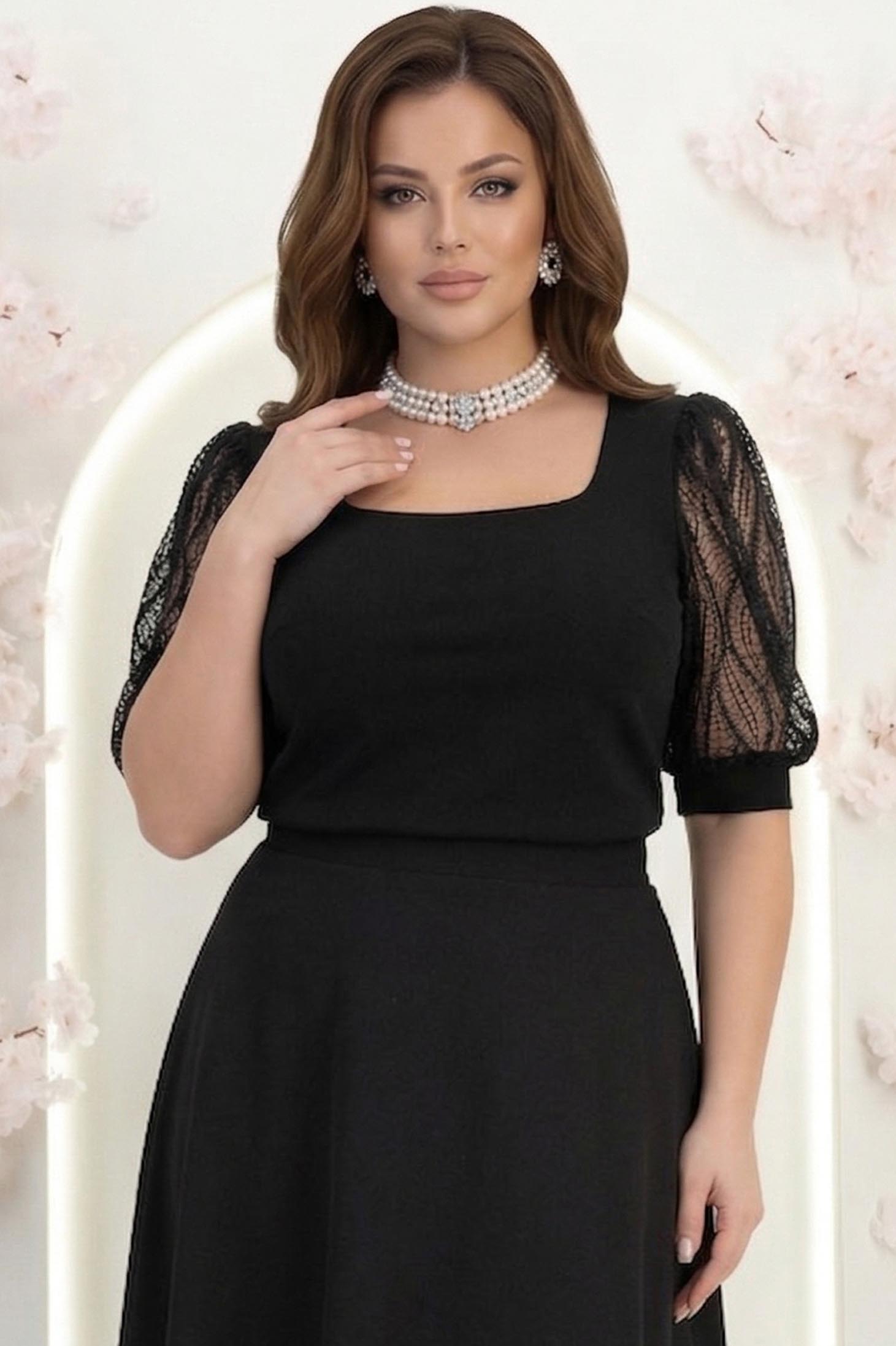Bluza din crep neagra mulata cu maneci trei-sferturi din dantela - StarShinerS 1 - StarShinerS.ro