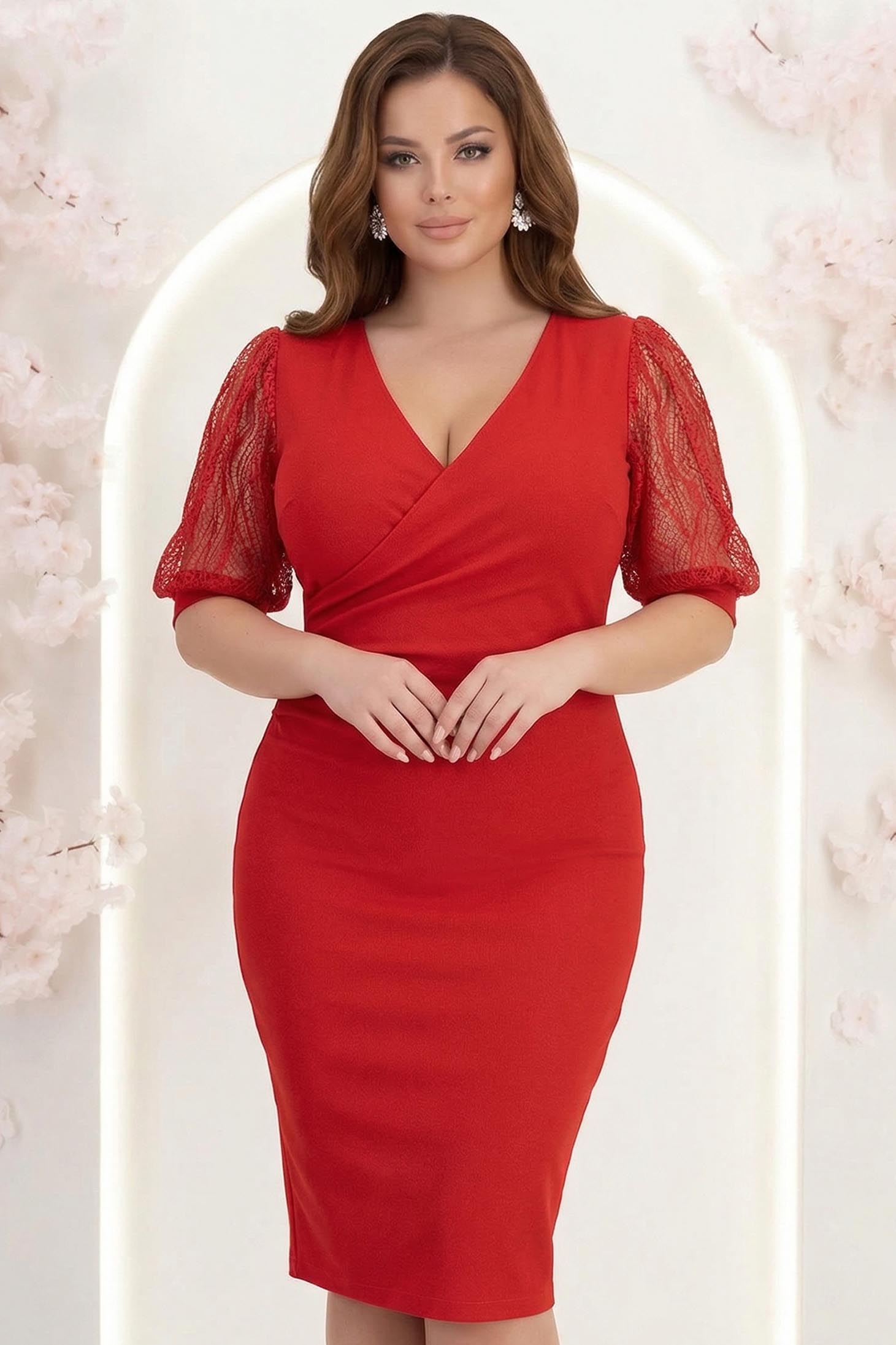 Rochie din crep cu sclipici rosie midi tip creion cu maneci din dantela - StarShinerS 1 - StarShinerS.ro