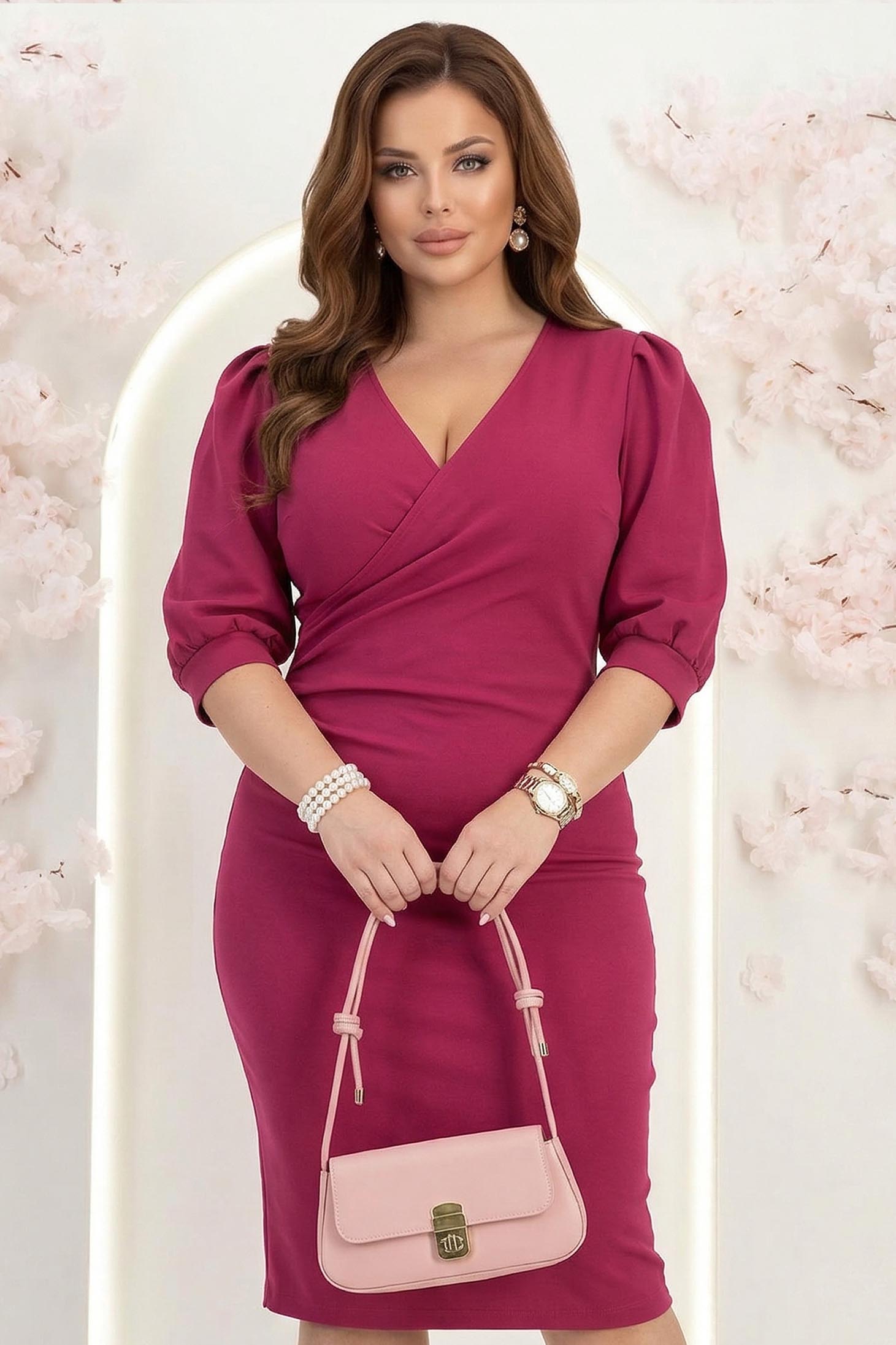Rochie din jersey zmeura midi tip creion cu maneci bufante- StarShinerS 2 - StarShinerS.ro