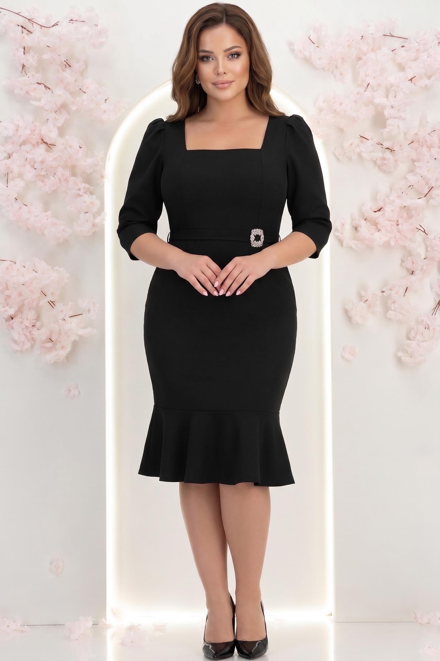 Rochie din stofa neagra midi tip creion cu umeri bufanti si accesoriu in talie 2 - StarShinerS.ro