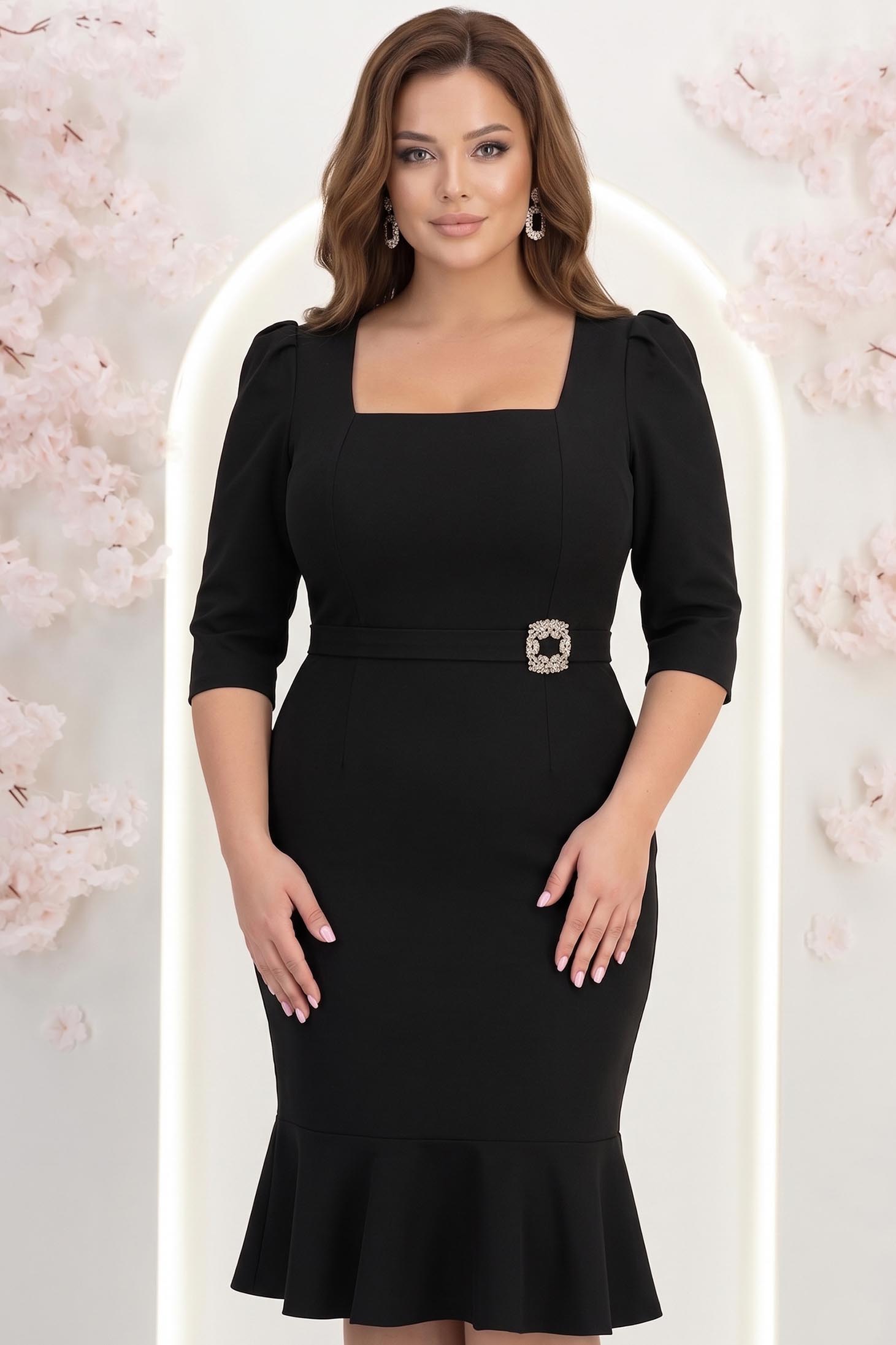 Rochie din stofa neagra midi tip creion cu umeri bufanti si accesoriu in talie 1 - StarShinerS.ro