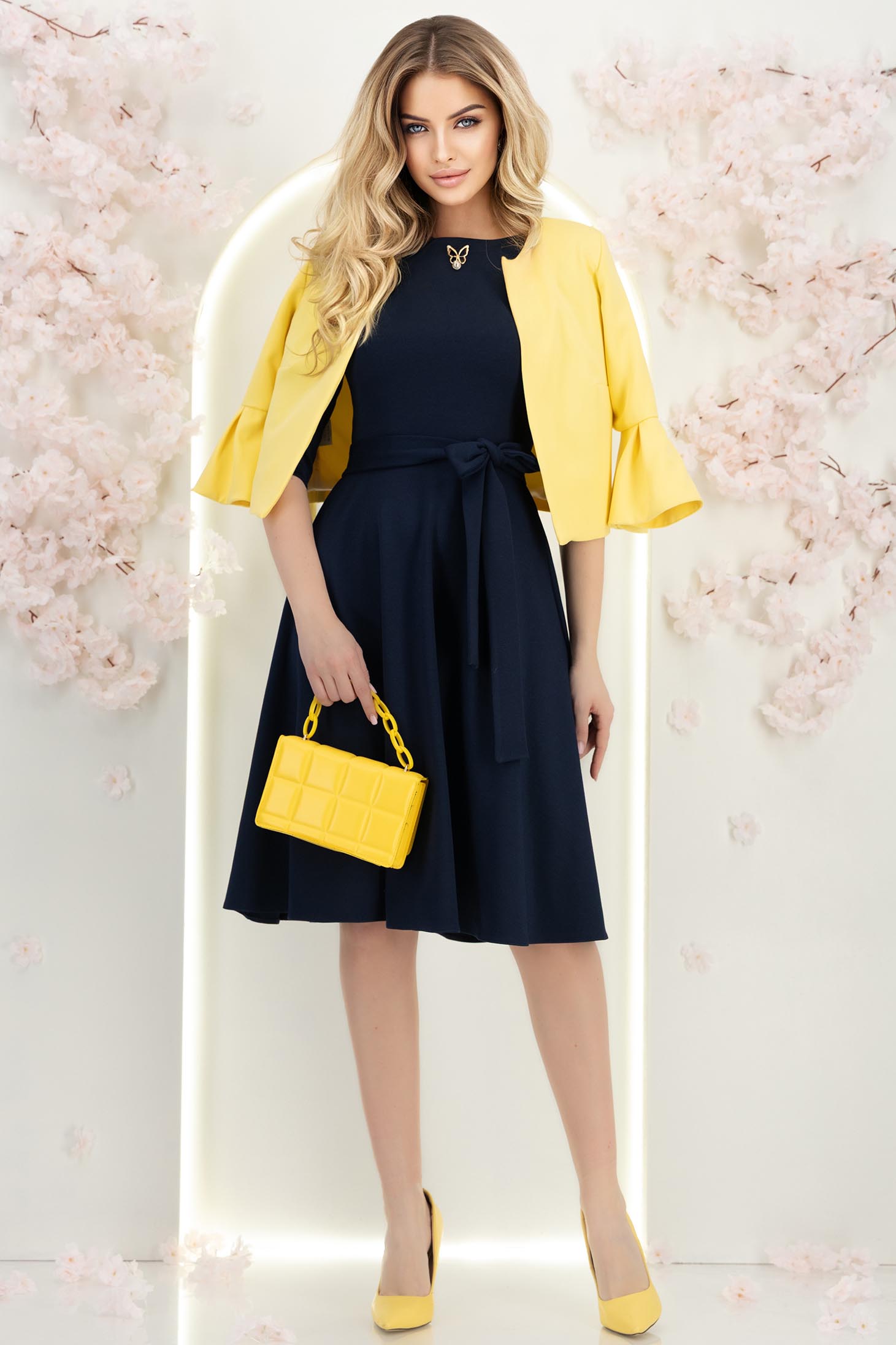 Rochie din jersey bleumarin midi in clos accesorizata cu brosa - StarShinerS 4 - StarShinerS.ro