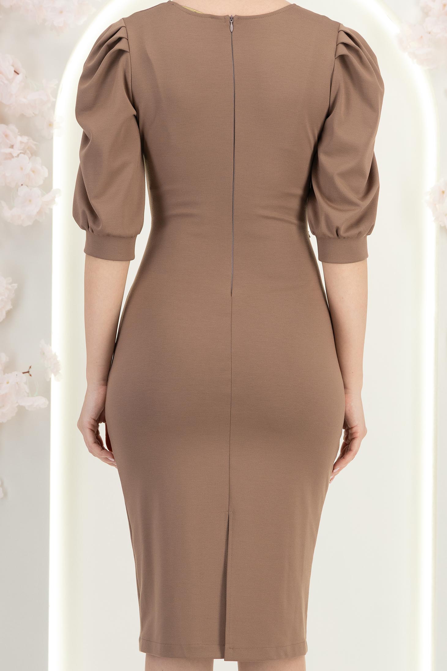 Rochie din jersey mocha midi tip creion cu maneci bufante- StarShinerS 6 - StarShinerS.ro