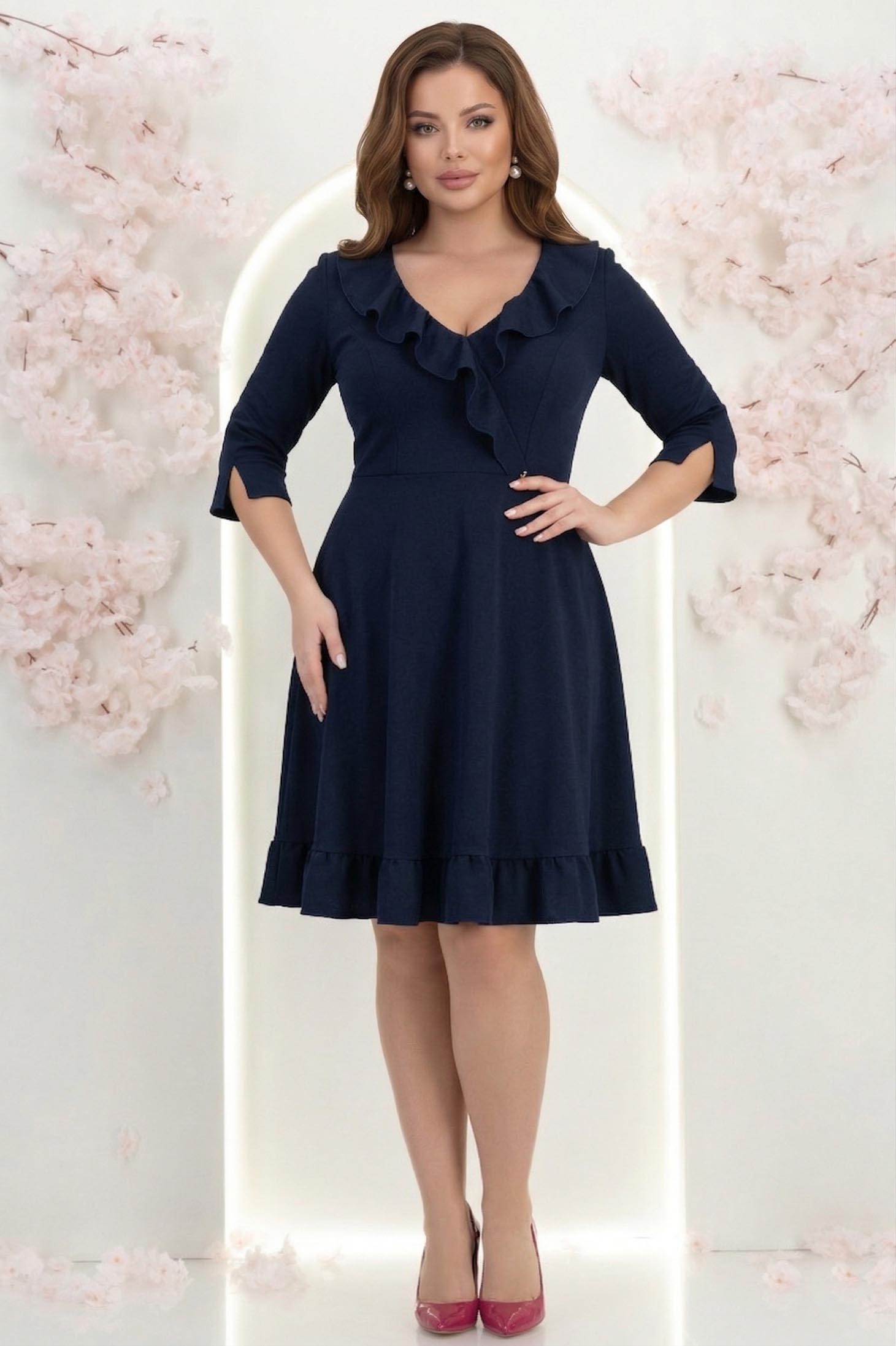 Rochie din jersey bleumarin pana la genunchi in clos cu volanase - StarShinerS 2 - StarShinerS.ro