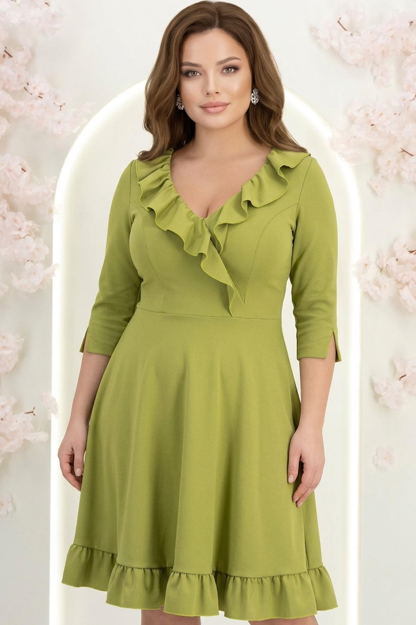 Rochie din jersey verde-deschis scurta in clos cu volanase - StarShinerS 1 - StarShinerS.ro