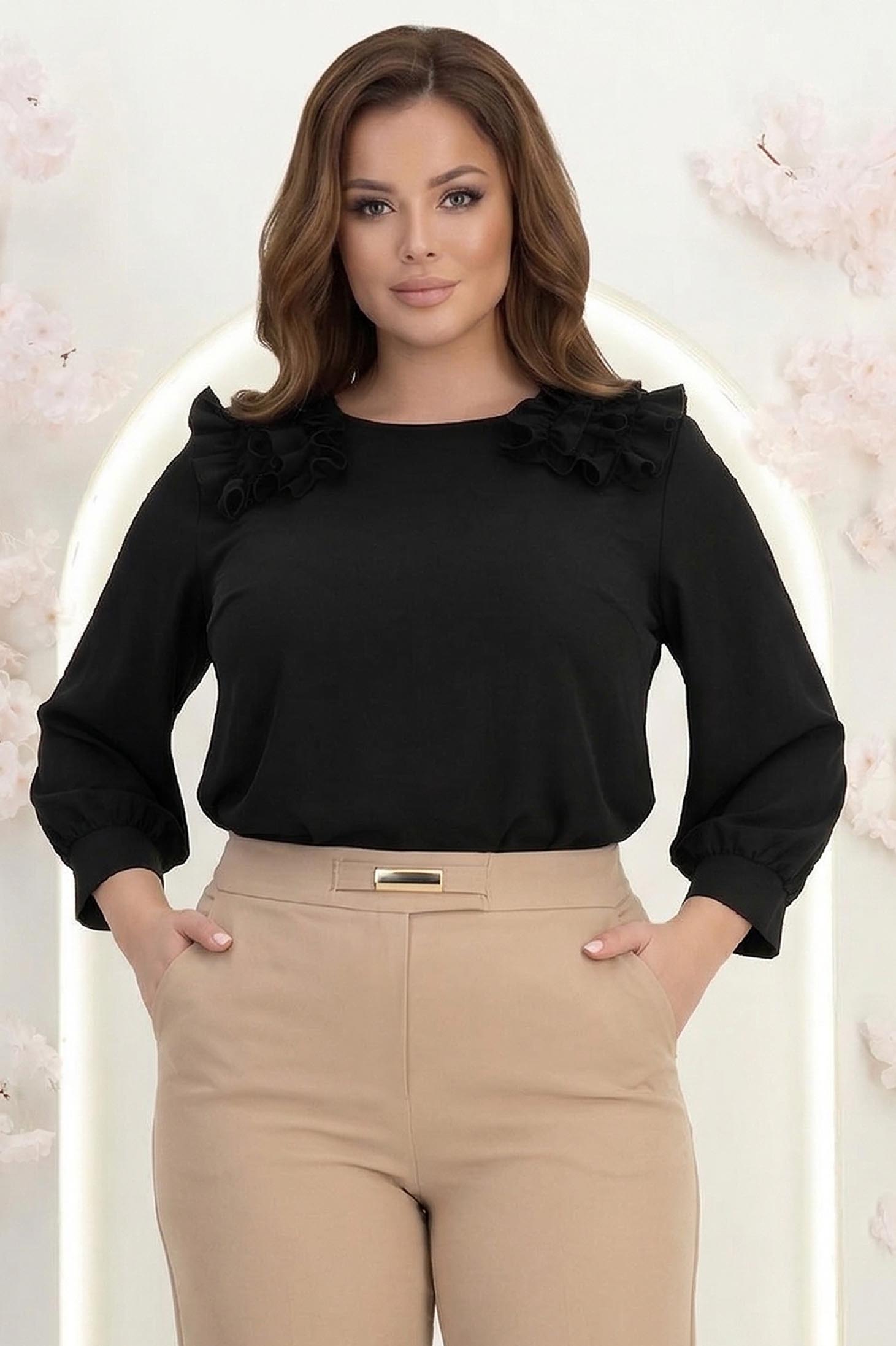 Bluza dama din material fluid neagra cu croi larg si volanase - StarShinerS 1 - StarShinerS.ro