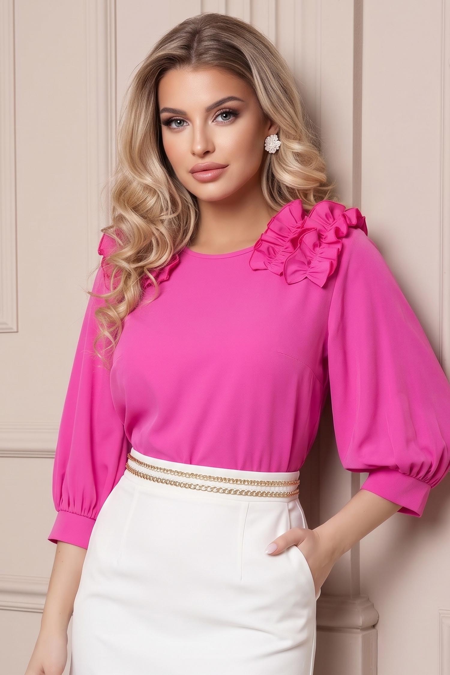 Bluza dama din material fluid fuchsia cu croi larg si volanase - StarShinerS 2 - StarShinerS.ro