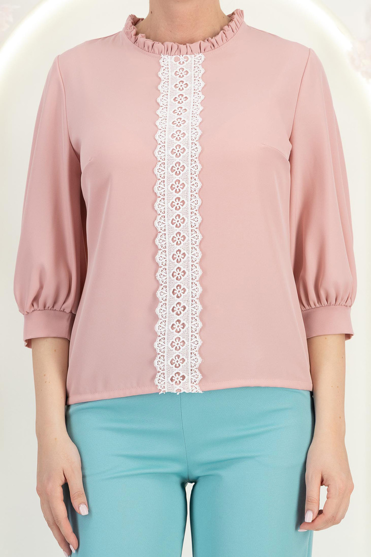 Bluza din material fluid roz pudra cu un croi larg si aplicatii de dantela - StarShinerS 6 - StarShinerS.ro