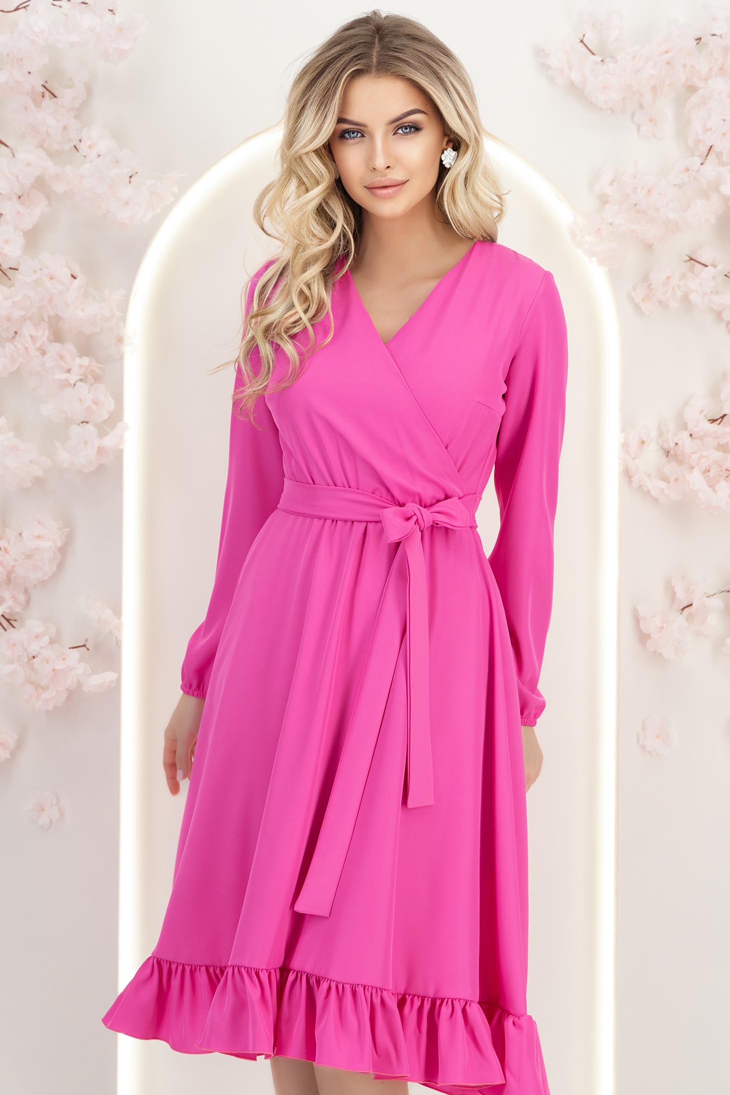 StarShinerS.ro Rochie din material fluid fuchsia midi in clos cu elastic in talie si cordon - StarShinerS