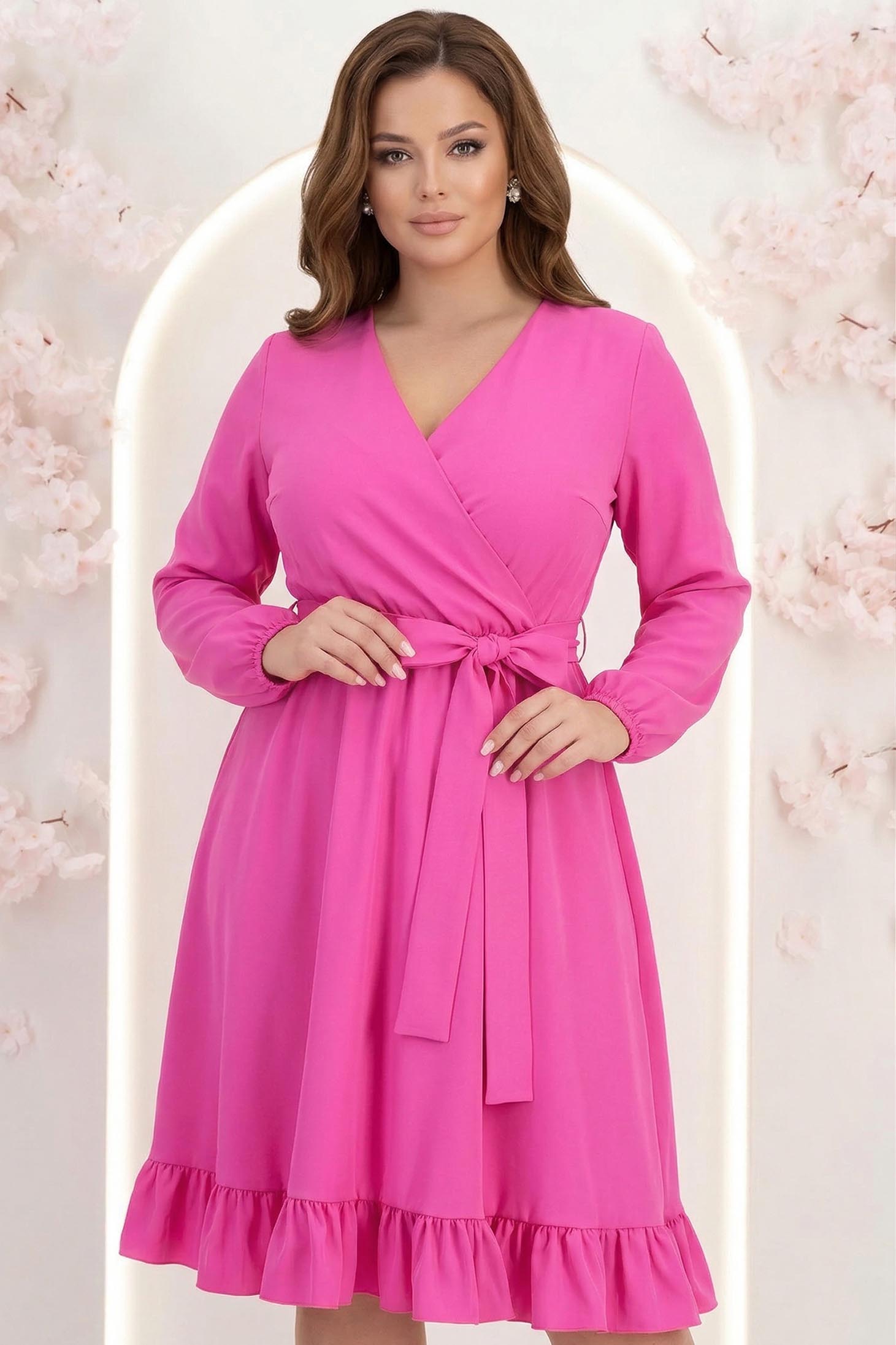 Rochie din material fluid fuchsia midi in clos cu elastic in talie si cordon - StarShinerS 1 - StarShinerS.ro