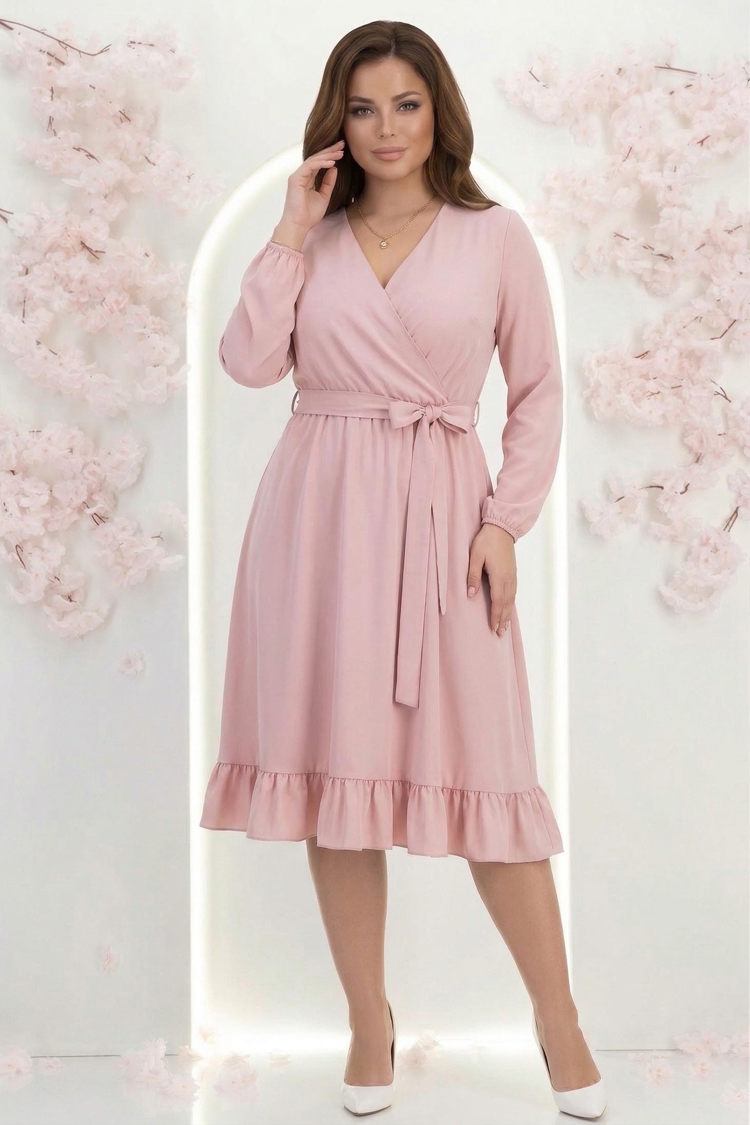 Rochie din material fluid roz-pudra midi in clos cu elastic in talie si cordon - StarShinerS 1 - StarShinerS.ro