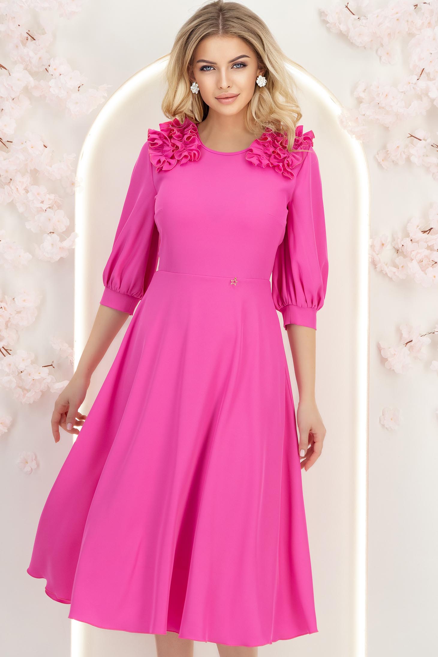 Rochie din voal fuchsia midi in clos cu volanase - StarShinerS 4 - StarShinerS.ro