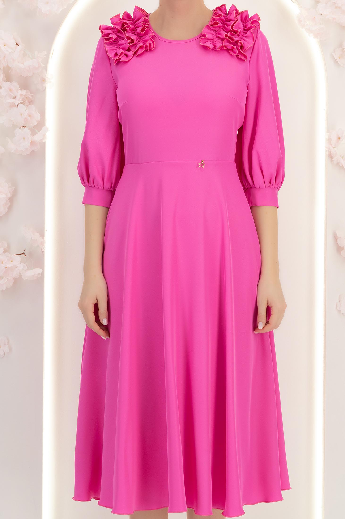 Rochie din voal fuchsia midi in clos cu volanase - StarShinerS 6 - StarShinerS.ro