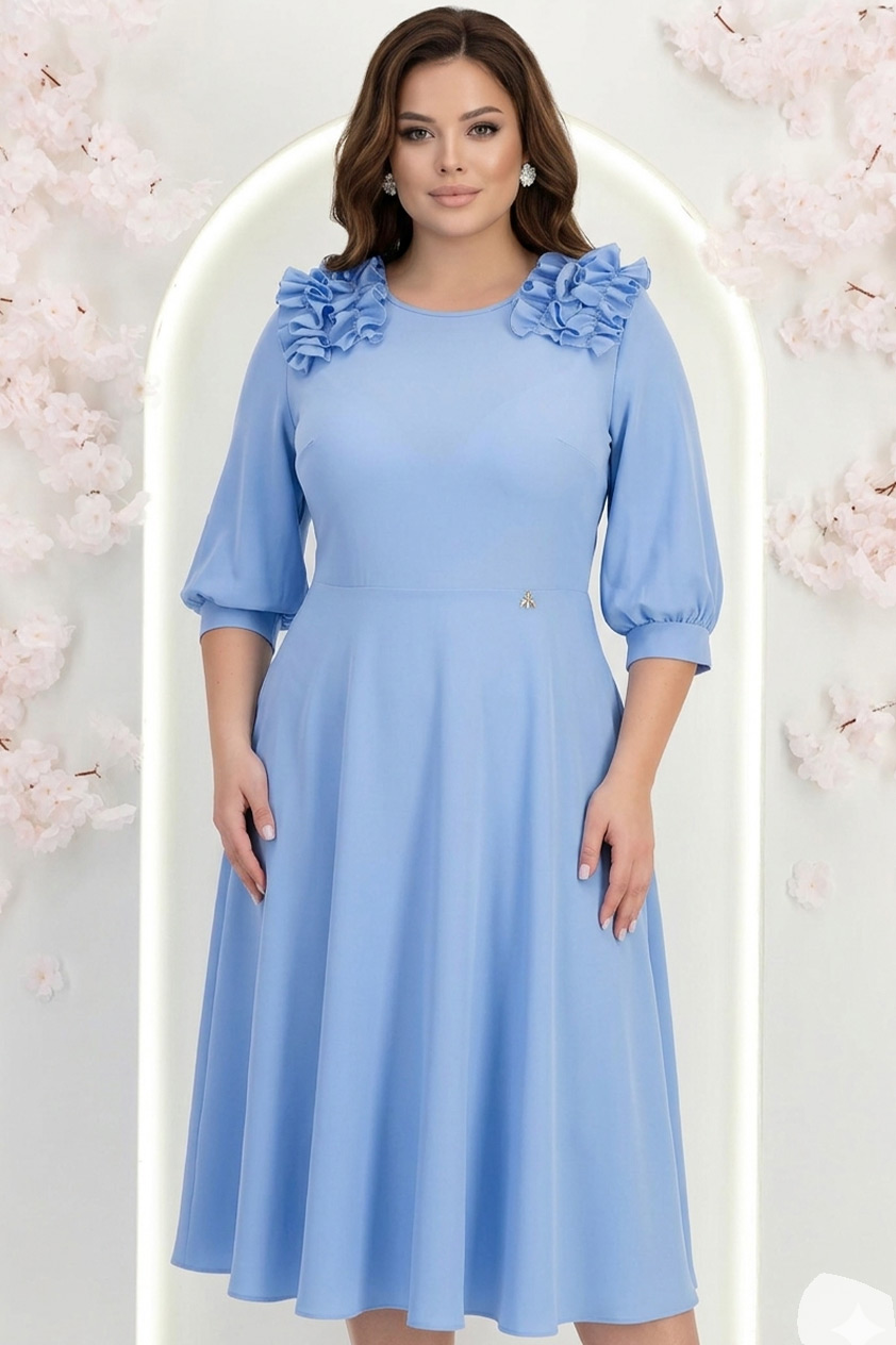 Rochie din voal albastra-deschis midi in clos cu volanase - StarShinerS 2 - StarShinerS.ro