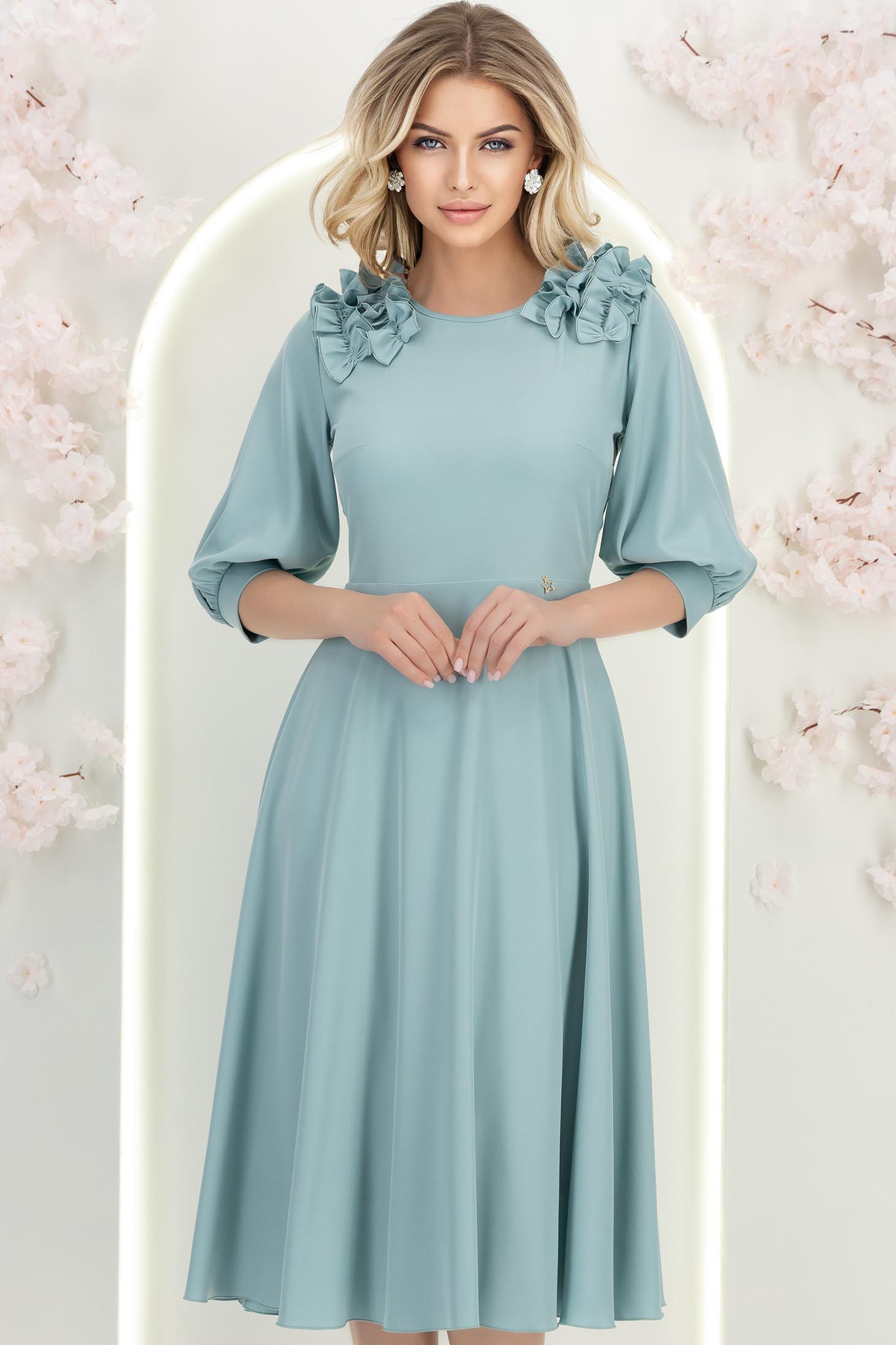 Rochie din material fluid mint midi in clos cu volanase - StarShinerS 3 - StarShinerS.ro